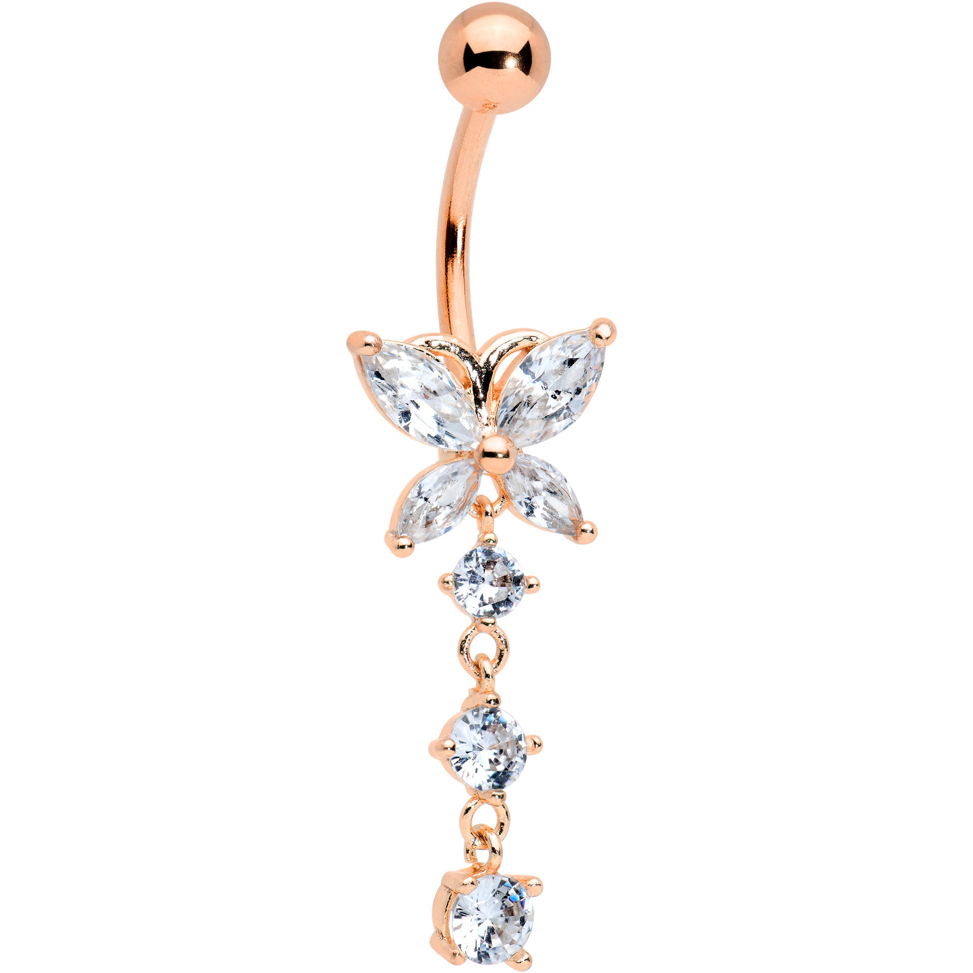 Clear CZ Gem Rose Gold Tone Open Wing Butterfly Dangle Belly Ring