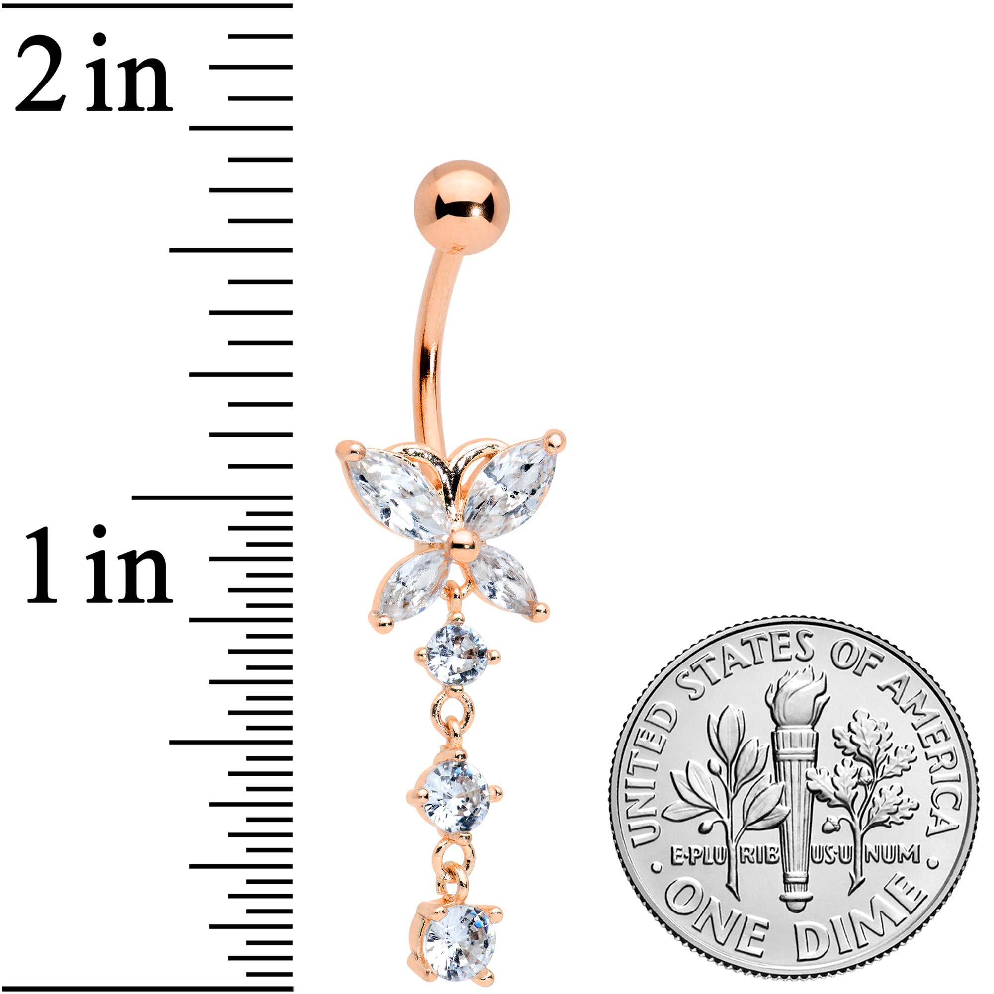 Clear CZ Gem Rose Gold Tone Open Wing Butterfly Dangle Belly Ring