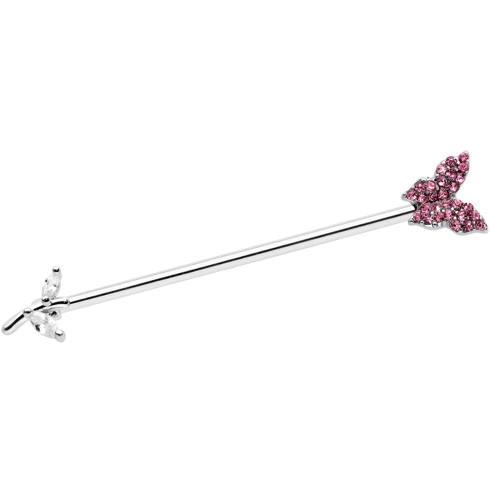 14 Gauge Clear Pink CZ Gem Branch Butterfly Industrial Barbell 38mm