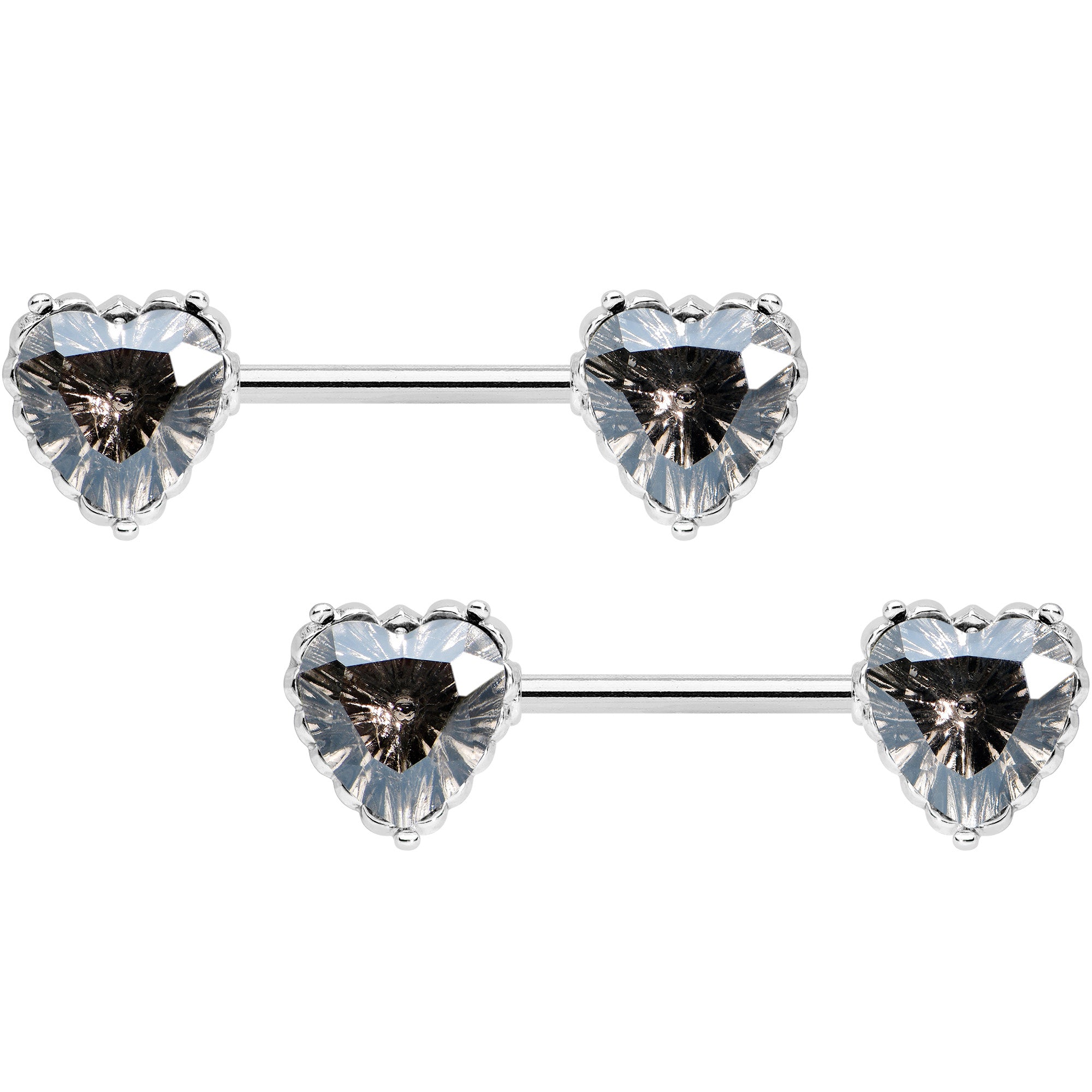 14 Gauge 9/16 Grey CZ Gem Heart Valentines Day Nipple Ring Set