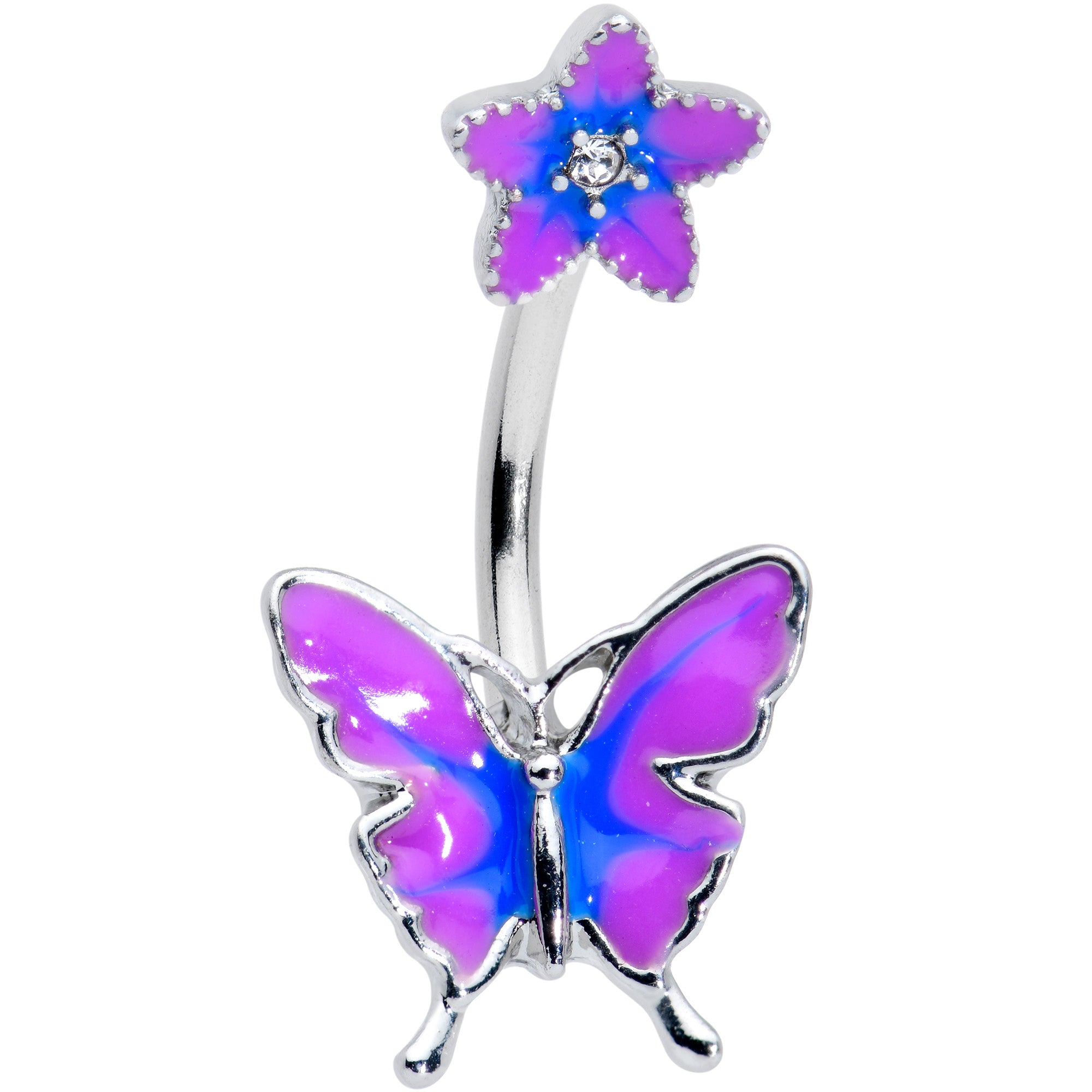 Matching Purple Flower Butterfly Double Mount Belly Ring