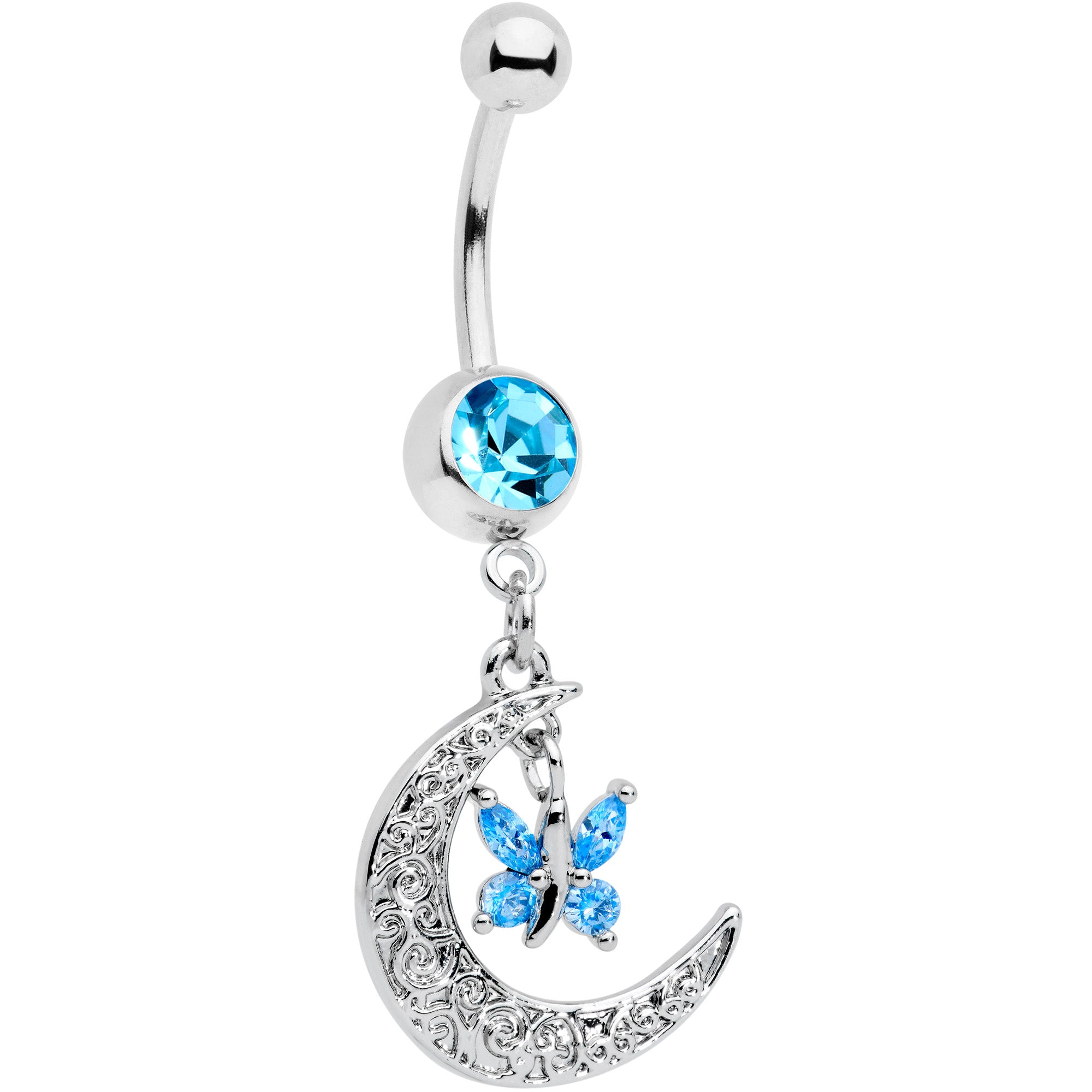 Aqua Gem Crescent Moon Butterfly Dangle Belly Ring