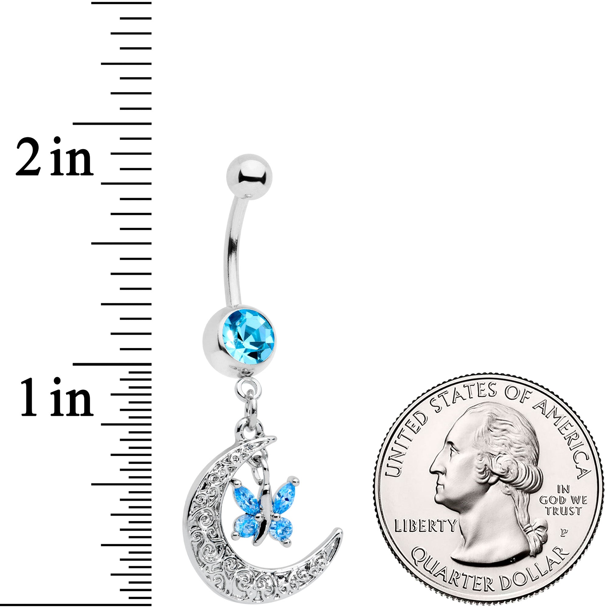 Aqua Gem Crescent Moon Butterfly Dangle Belly Ring