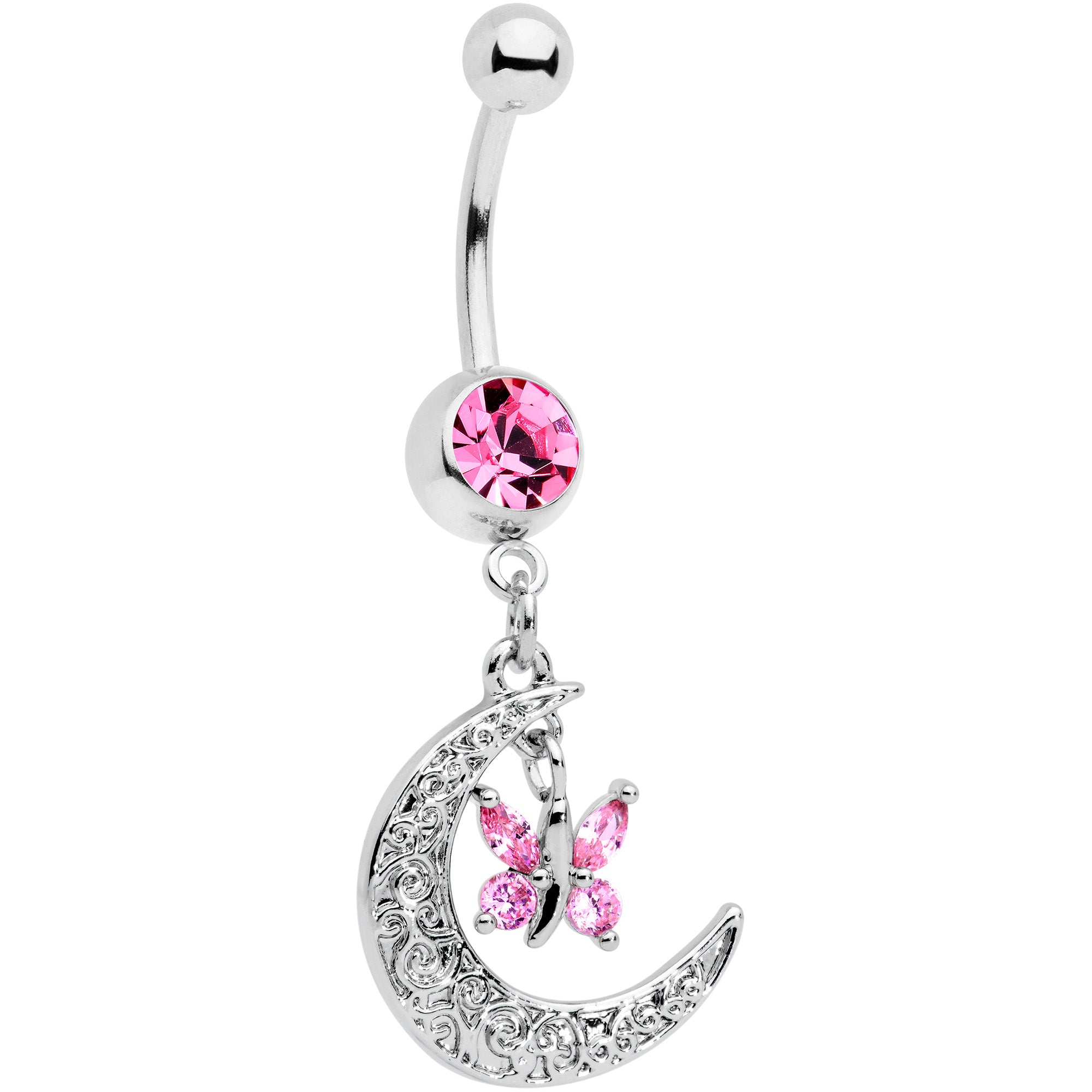 Pink Gem Crescent Moon Butterfly Dangle Belly Ring