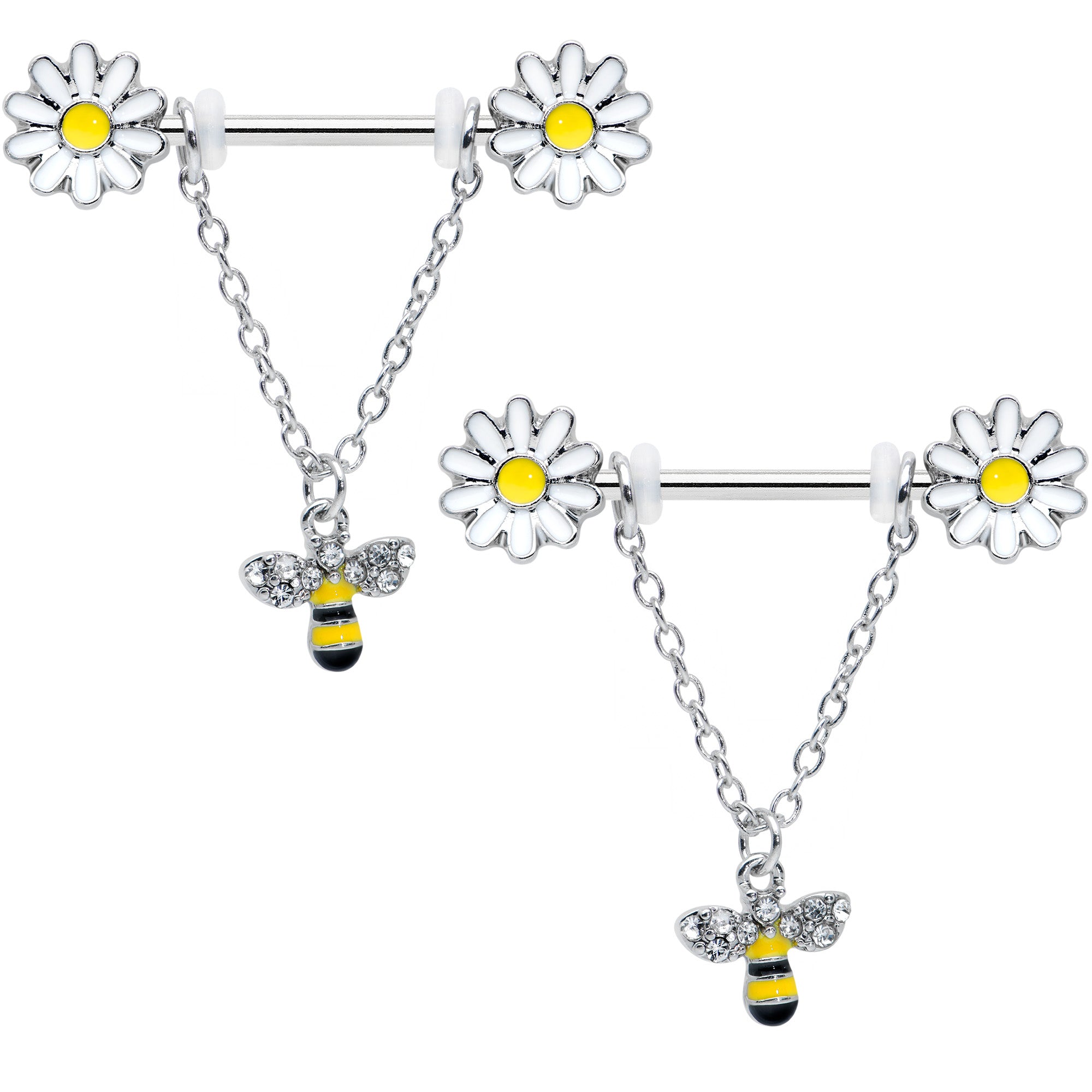 14 Gauge 9/16 Clear Gem Daisy Bee Chain Dangle Barbell Nipple Ring Set