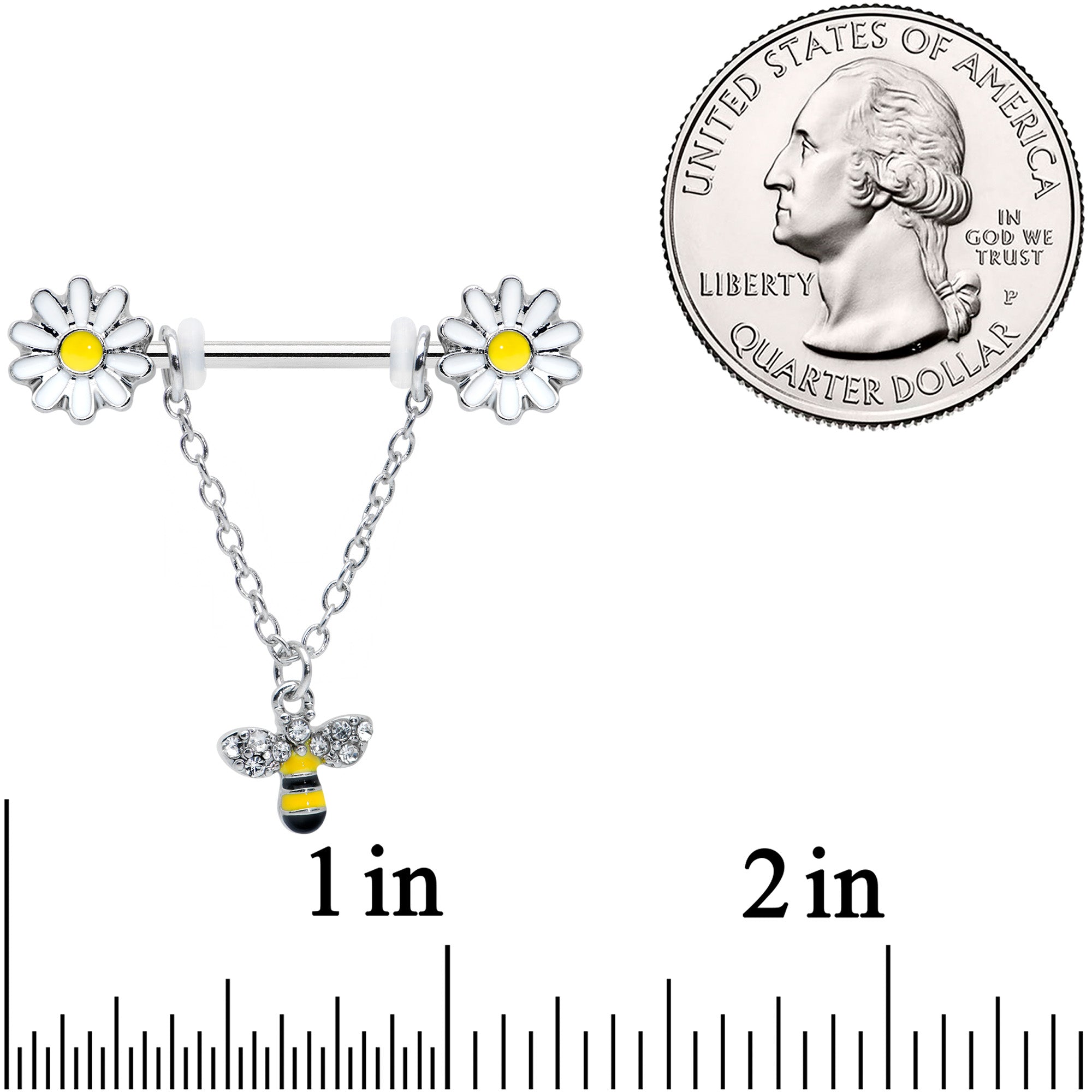 14 Gauge 9/16 Clear Gem Daisy Bee Chain Dangle Barbell Nipple Ring Set