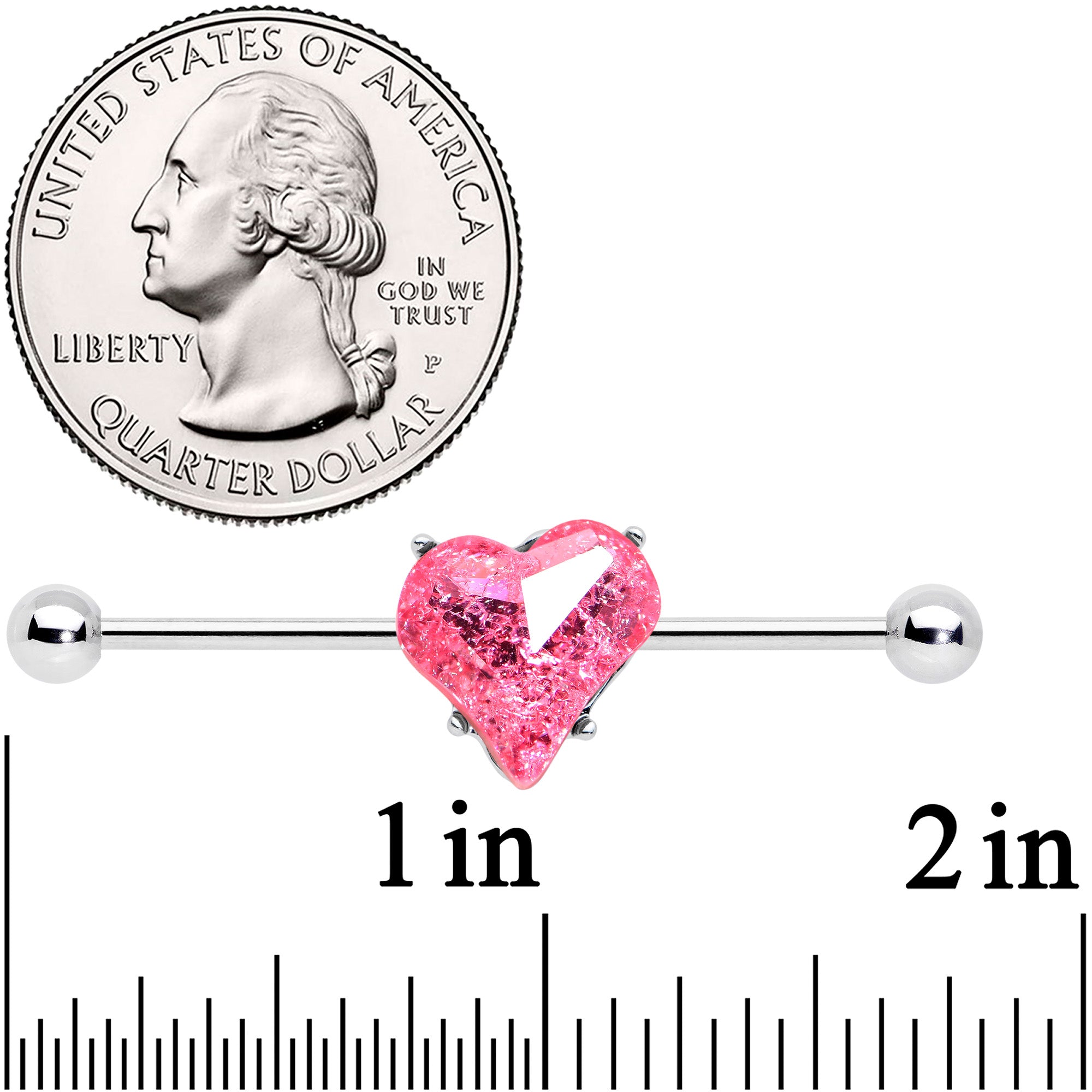 14 Gauge Pink Gem Heart Love Valentines Day Industrial Barbell 38mm