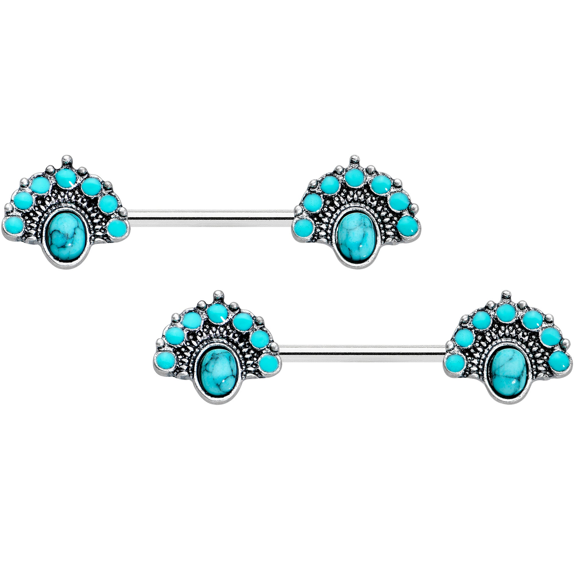 14 Gauge 9/16 Blue Turquoise Southwest Shield Barbell Nipple Ring Set