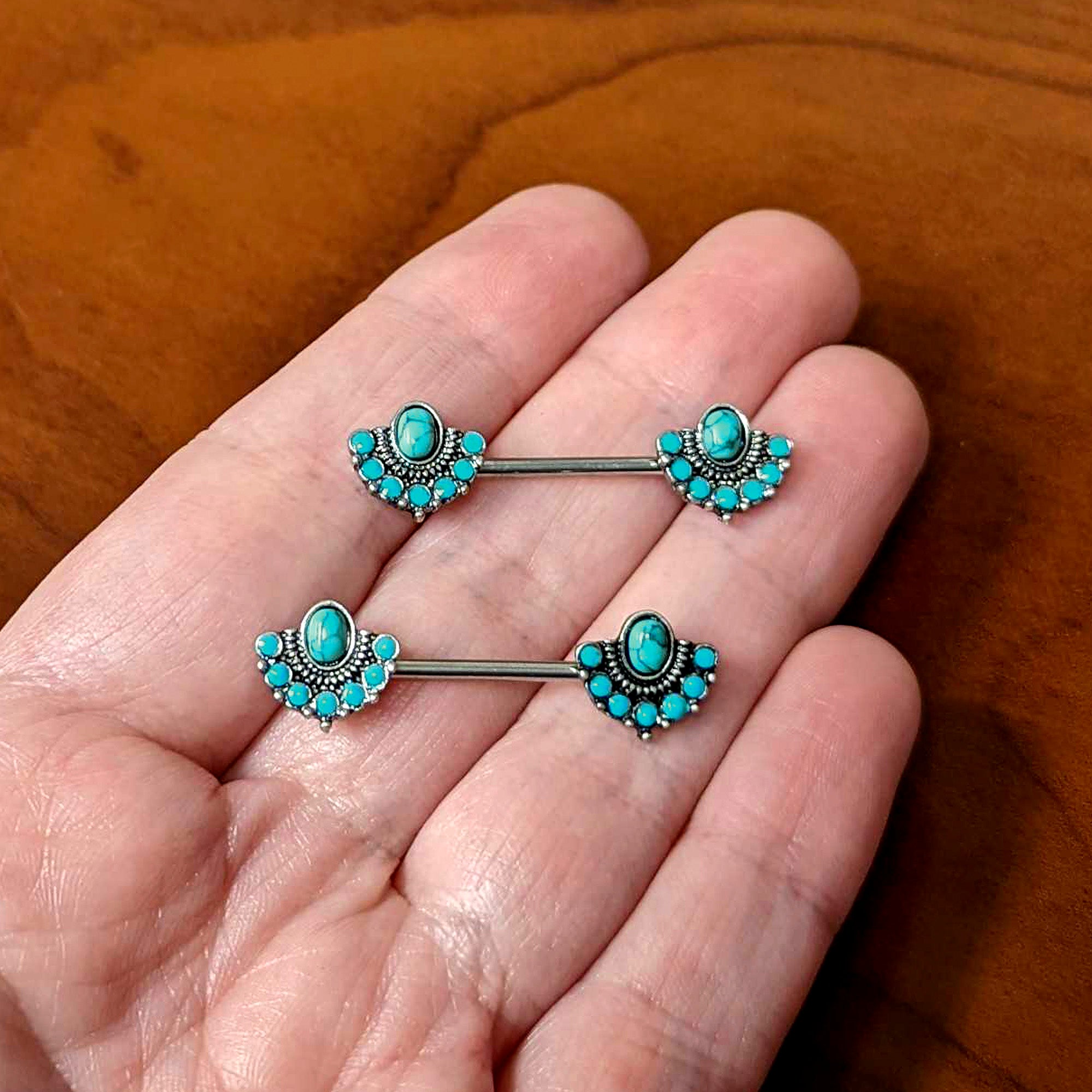 14 Gauge 9/16 Blue Turquoise Southwest Shield Barbell Nipple Ring Set