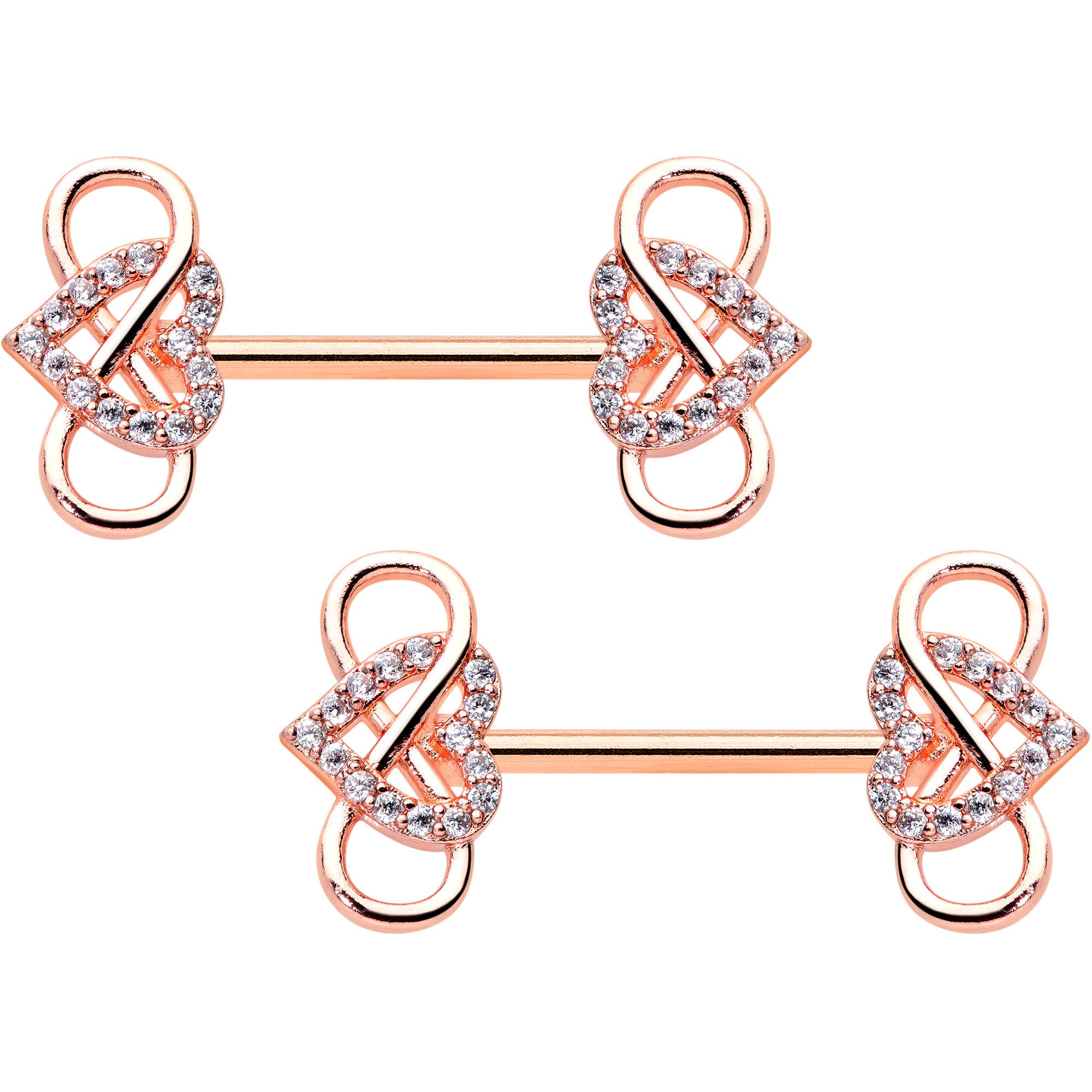 14 Gauge 1/2 Clear CZ Gem Rose Gold Hue Infinity Heart Nipple Ring Set