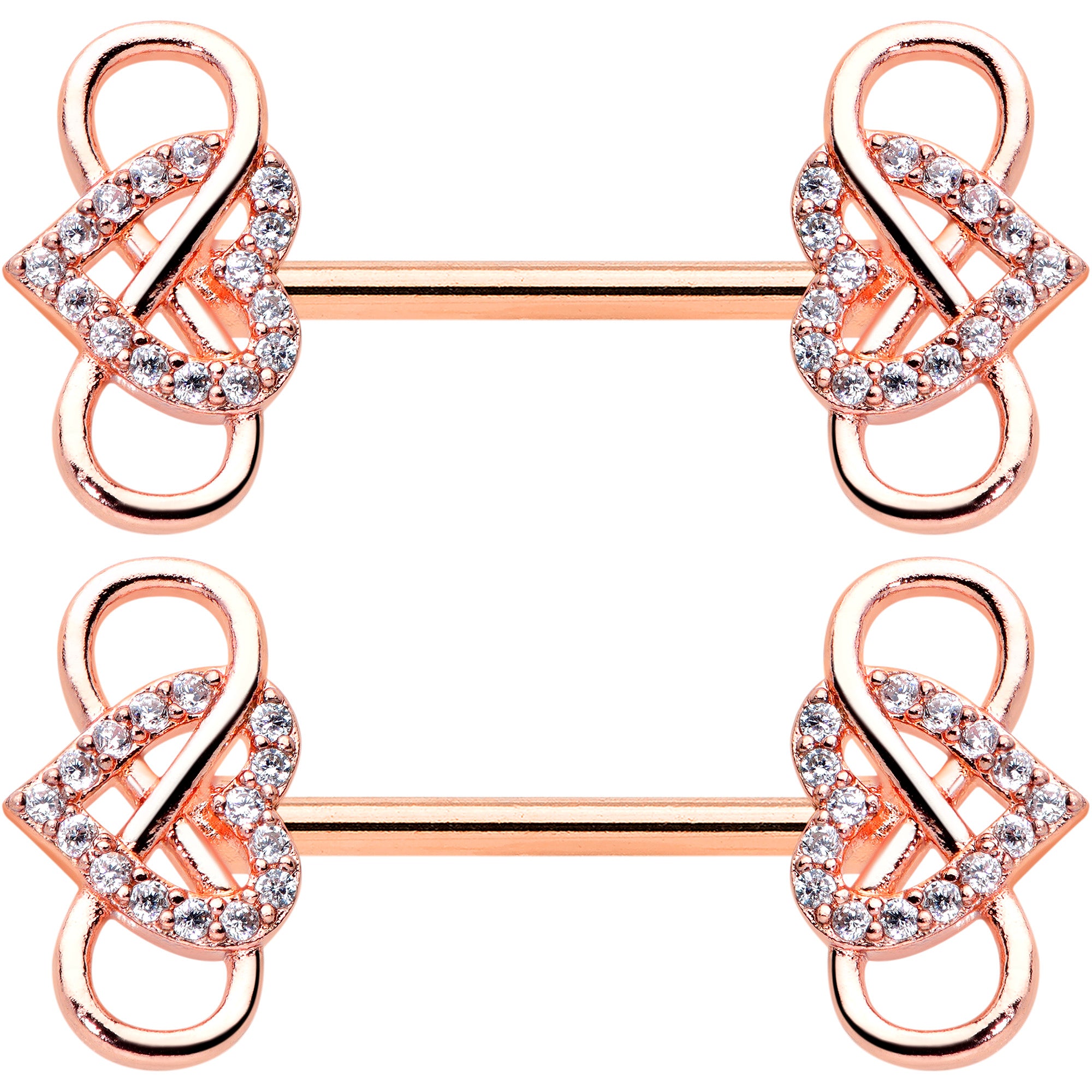 14 Gauge 1/2 Clear CZ Gem Rose Gold Hue Infinity Heart Nipple Ring Set