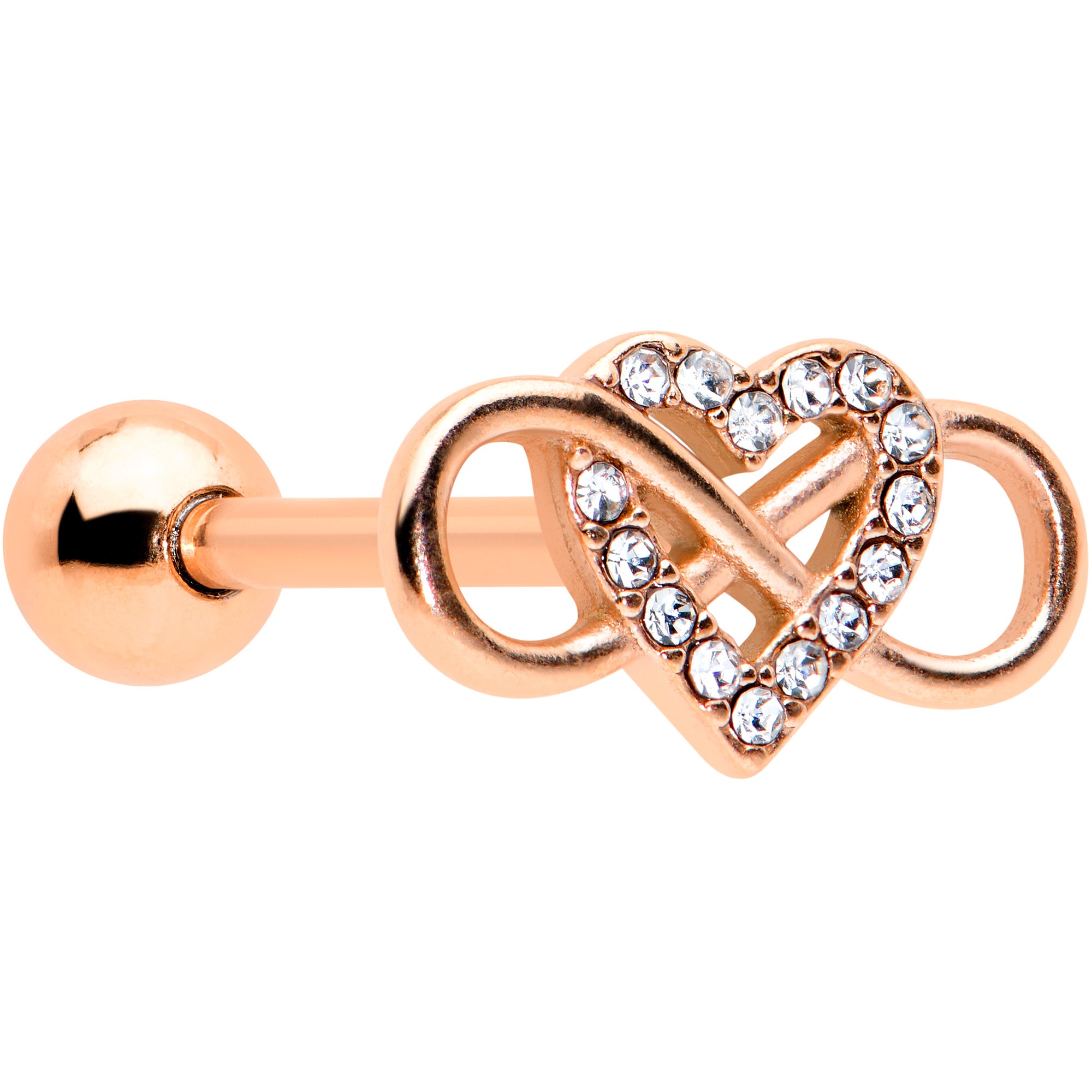 Clear CZ Gem Rose Gold Tone Infinity Heart Barbell Tongue Ring