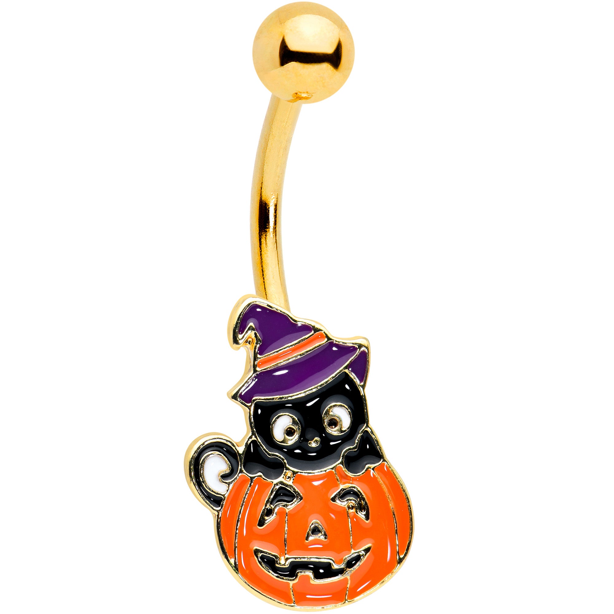 Gold Tone Black Cat Witch Pumpkin Halloween Belly Ring