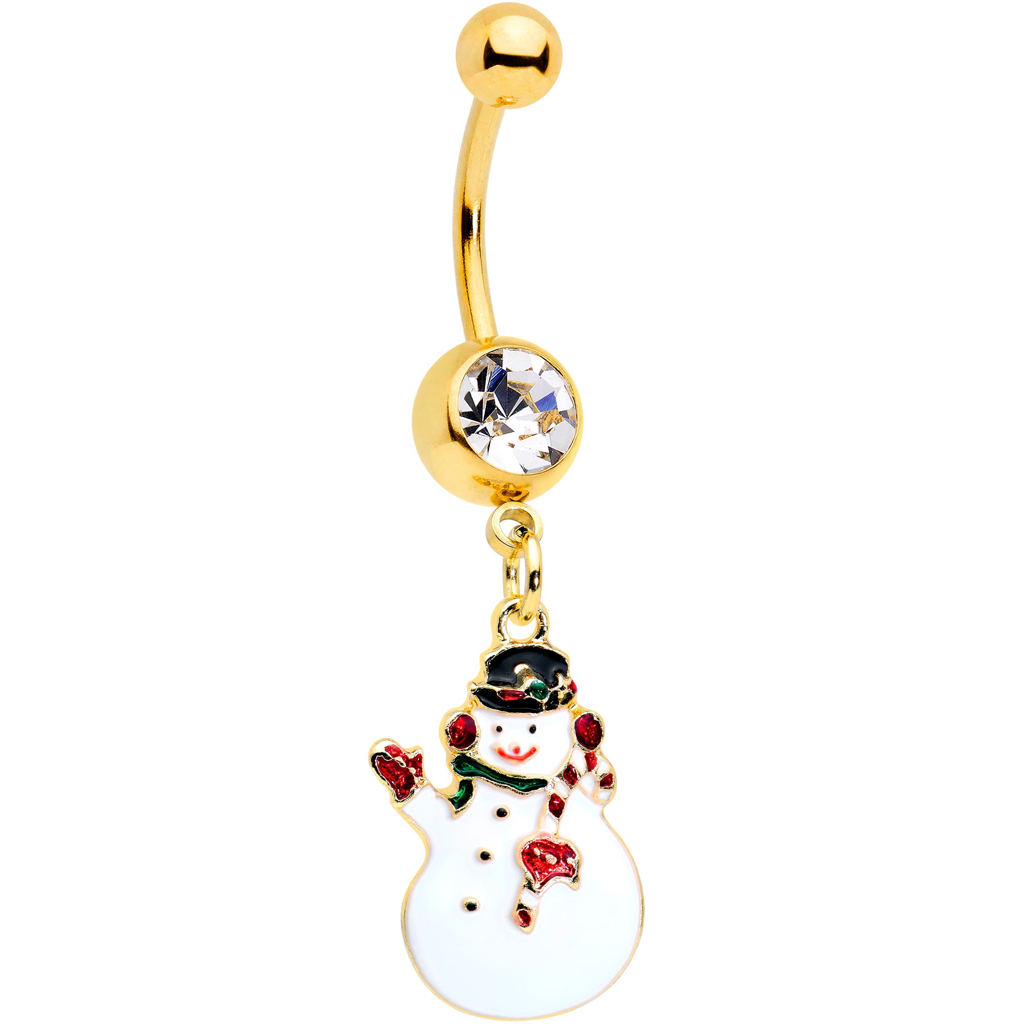 Clear Gem Gold Tone Winter Snowman Christmas Dangle Belly Ring