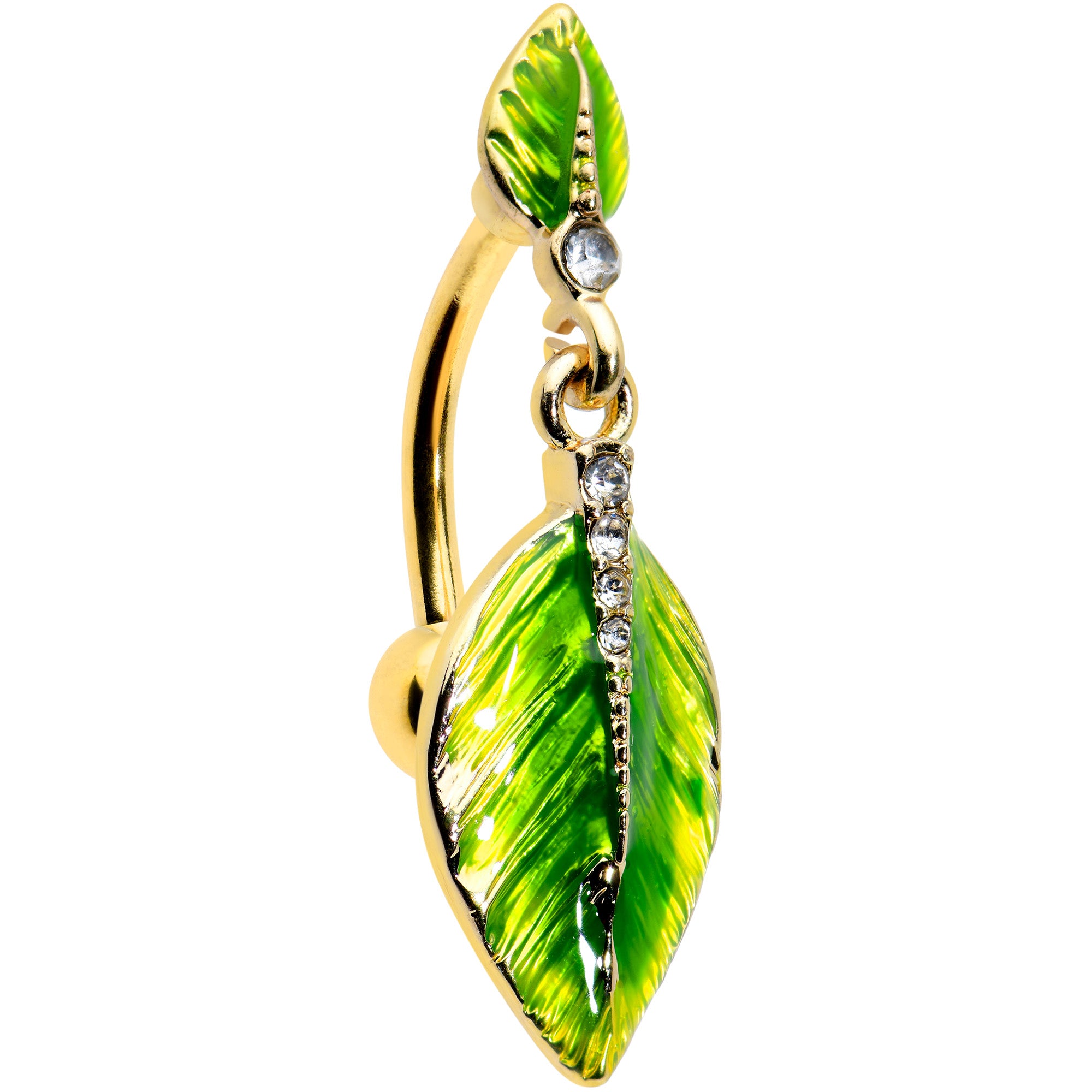 Clear Gem Gold Tone Lush Green Leaves Top Mount Belly Ring