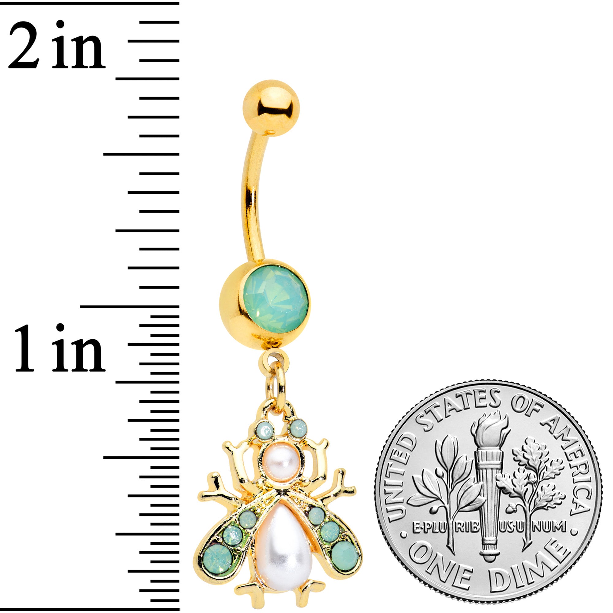 Green White Pearlescent Gem Gold Tone Snow Bug Dangle Belly Ring