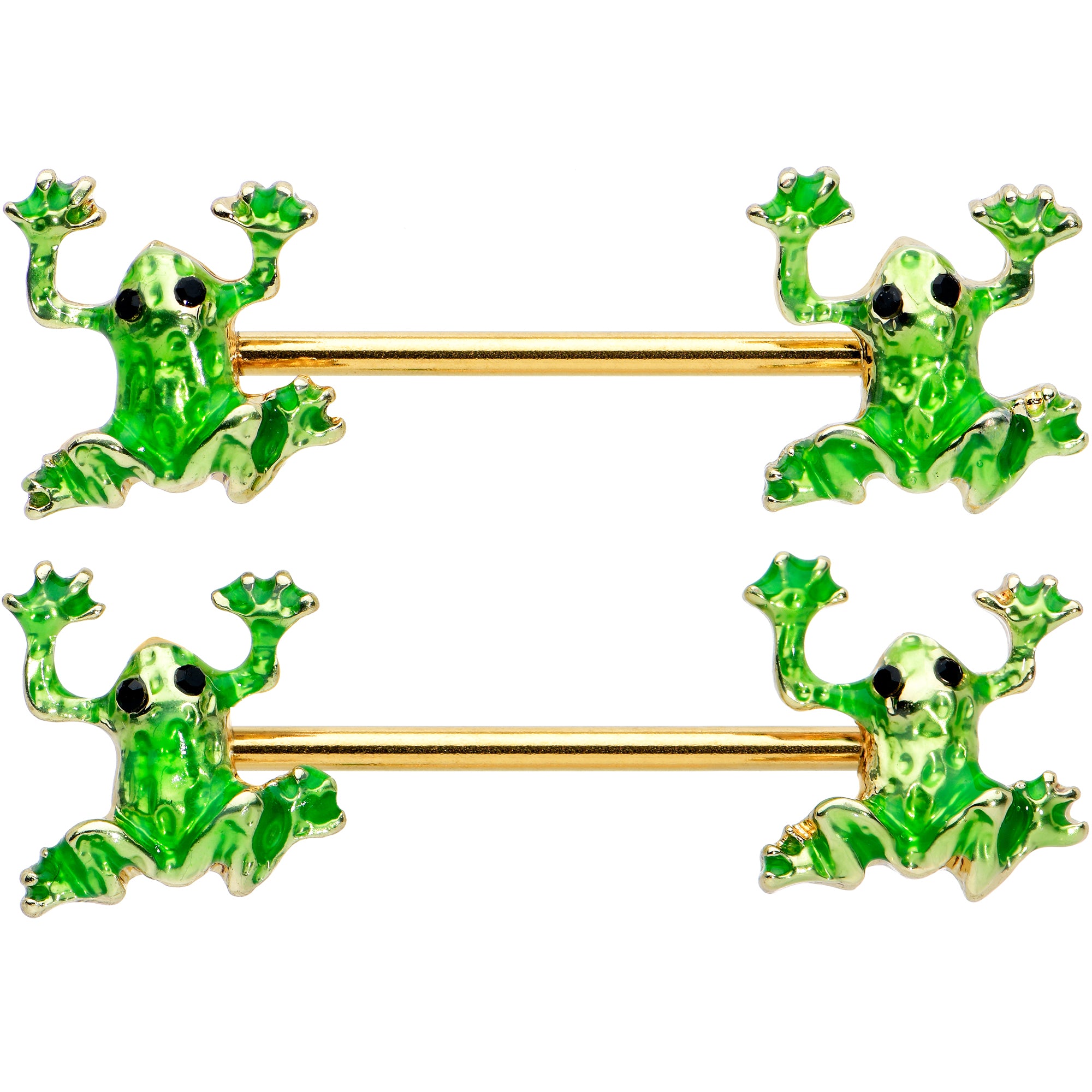 14 Gauge 9/16 Gold Tone Green Tree Frog Barbell Nipple Ring Set