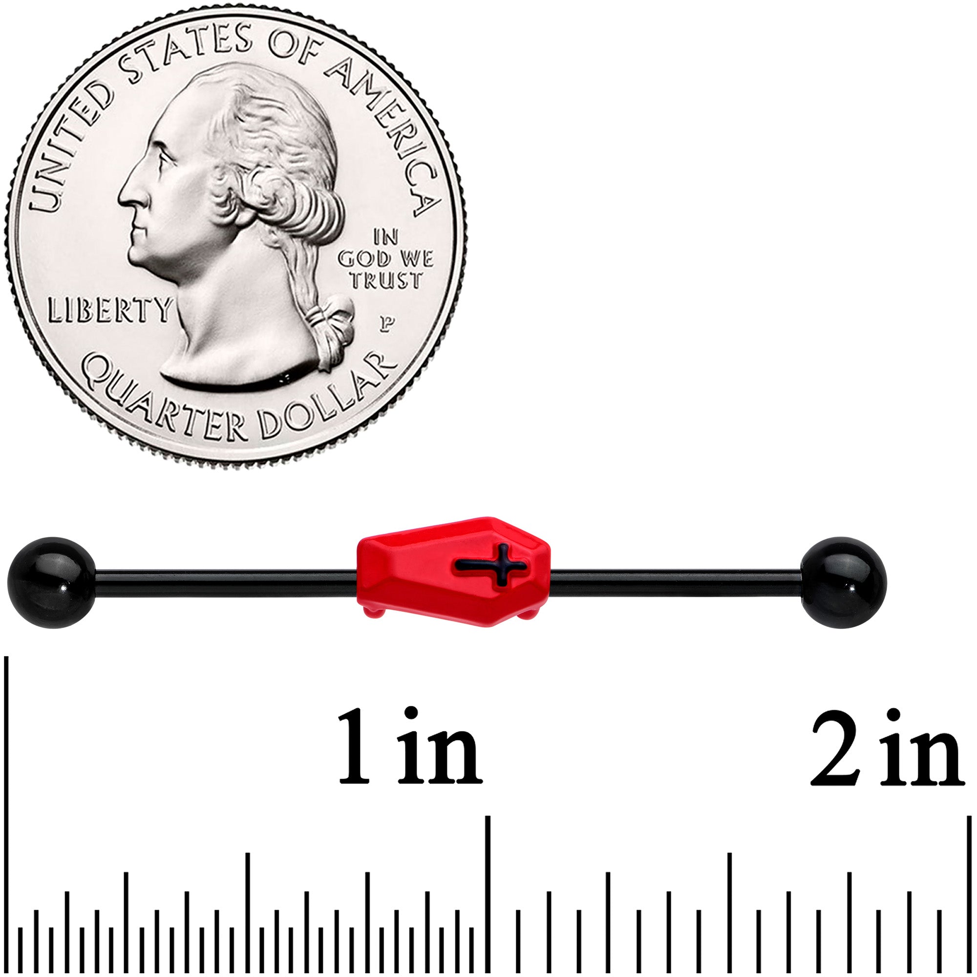 14 Gauge Black Red Coffin Halloween Industrial Barbell 38mm