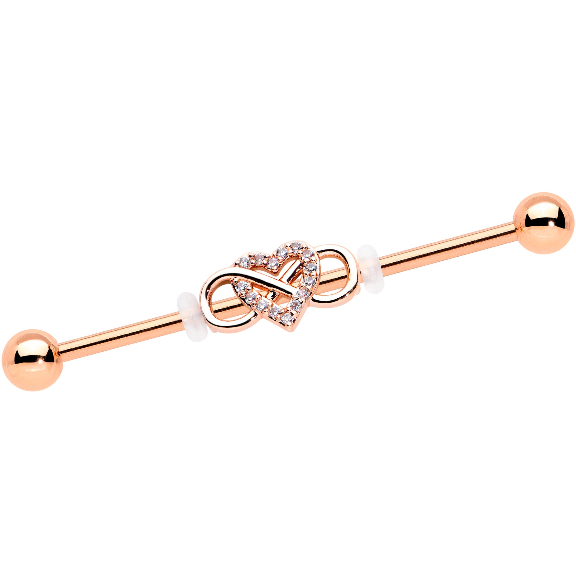 14 Gauge Clear CZ Gem Rosy Infinity Heart Industrial Barbell 38mm