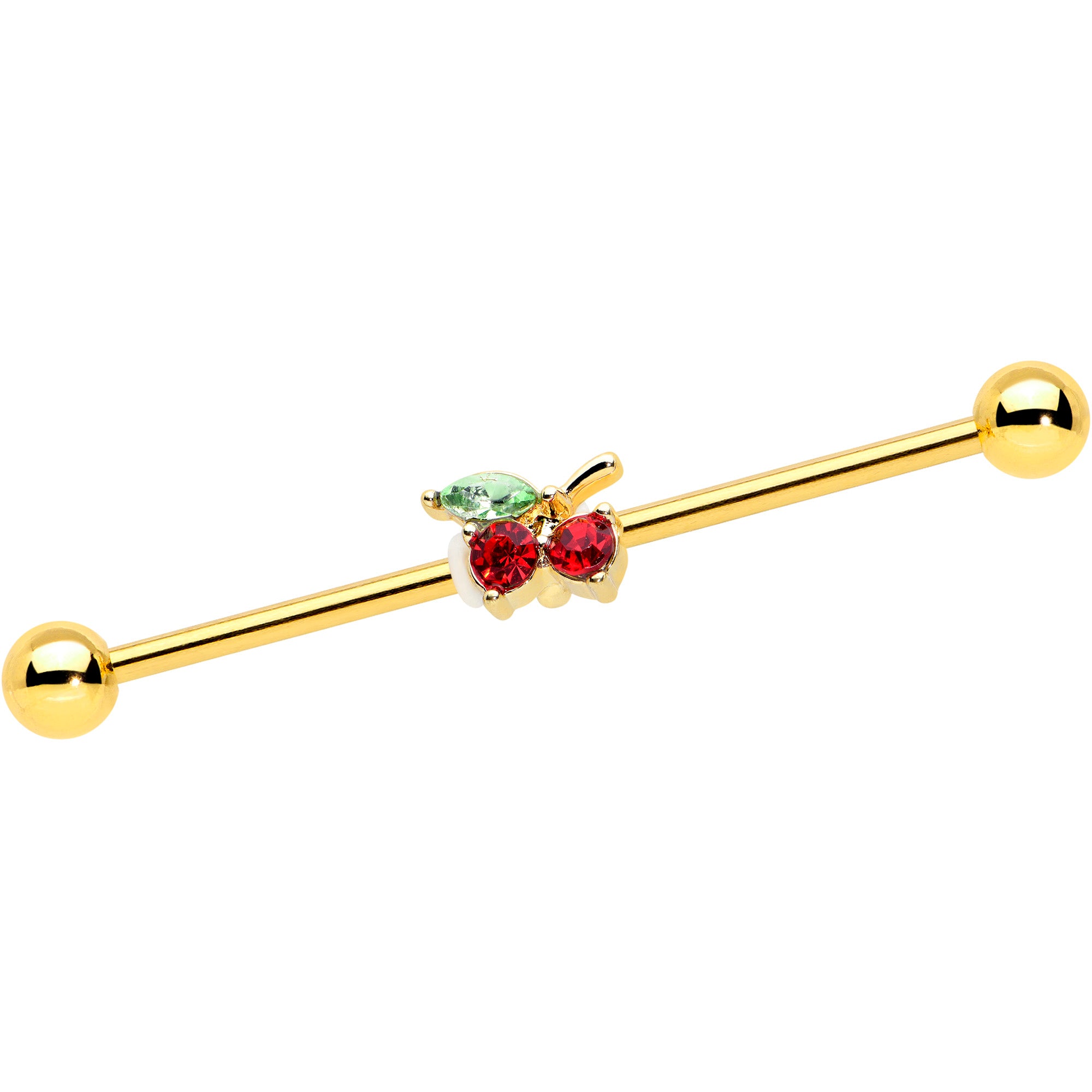 14 Gauge Red Gem Gold Tone Tasty Cherry Fruit Industrial Barbell 38mm