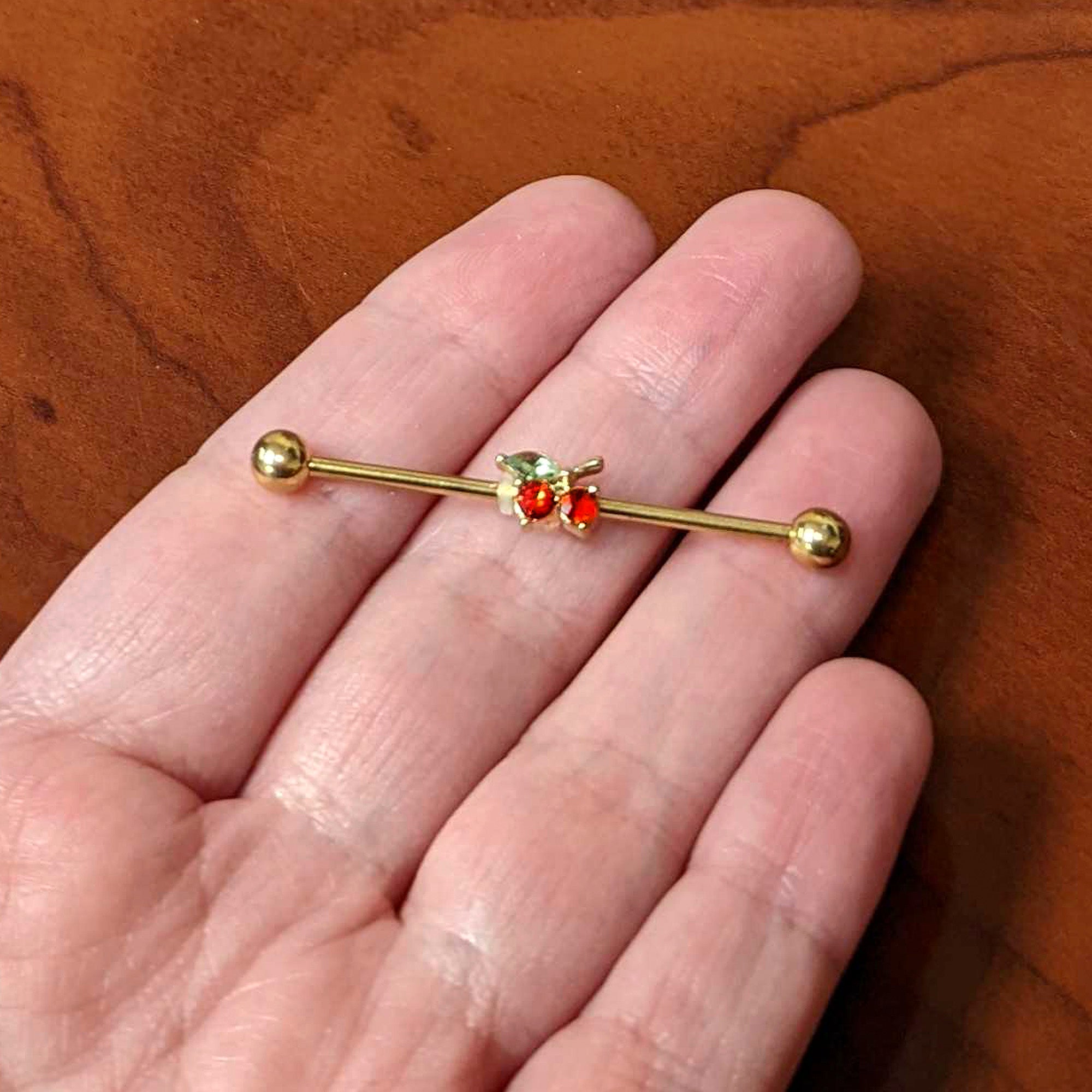 14 Gauge Red Gem Gold Tone Tasty Cherry Fruit Industrial Barbell 38mm