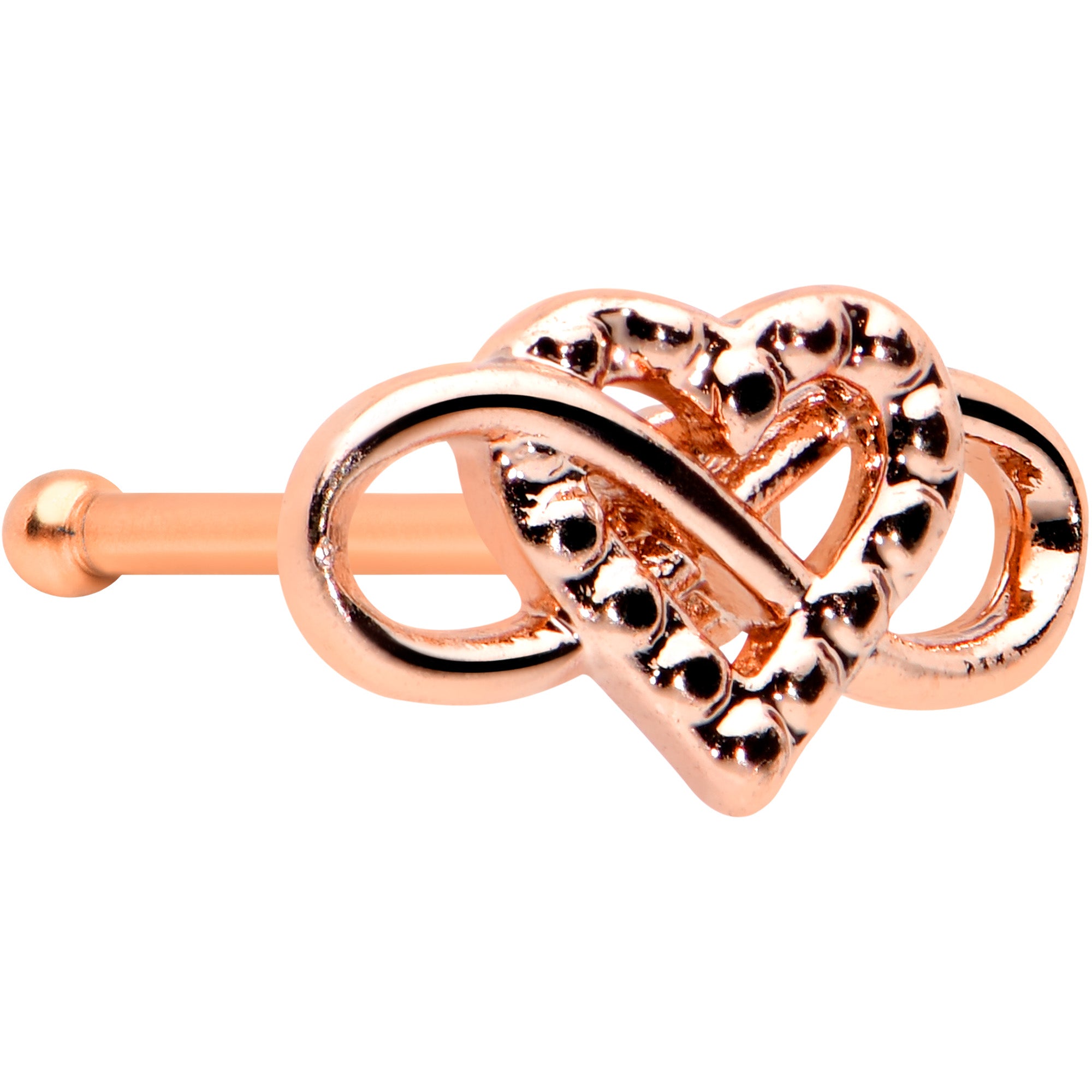 20 Gauge 1/4 Rose Gold Tone Textured Infinity Heart Nose Bone