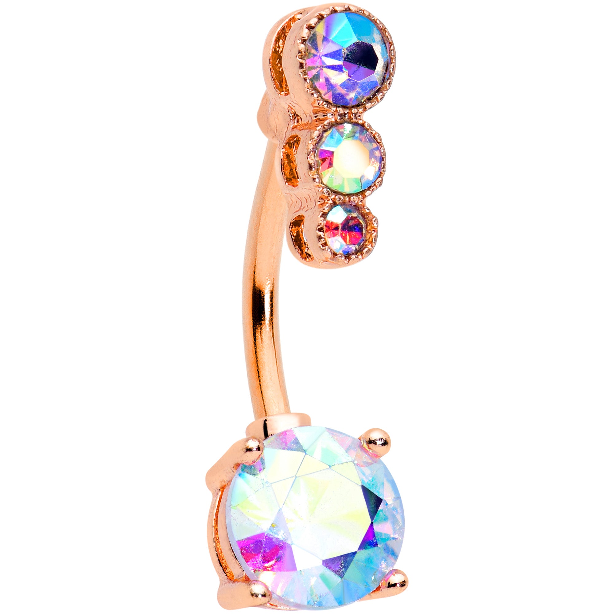 Aurora CZ Gem Rose Gold Tone Triple Drop Round Belly Ring