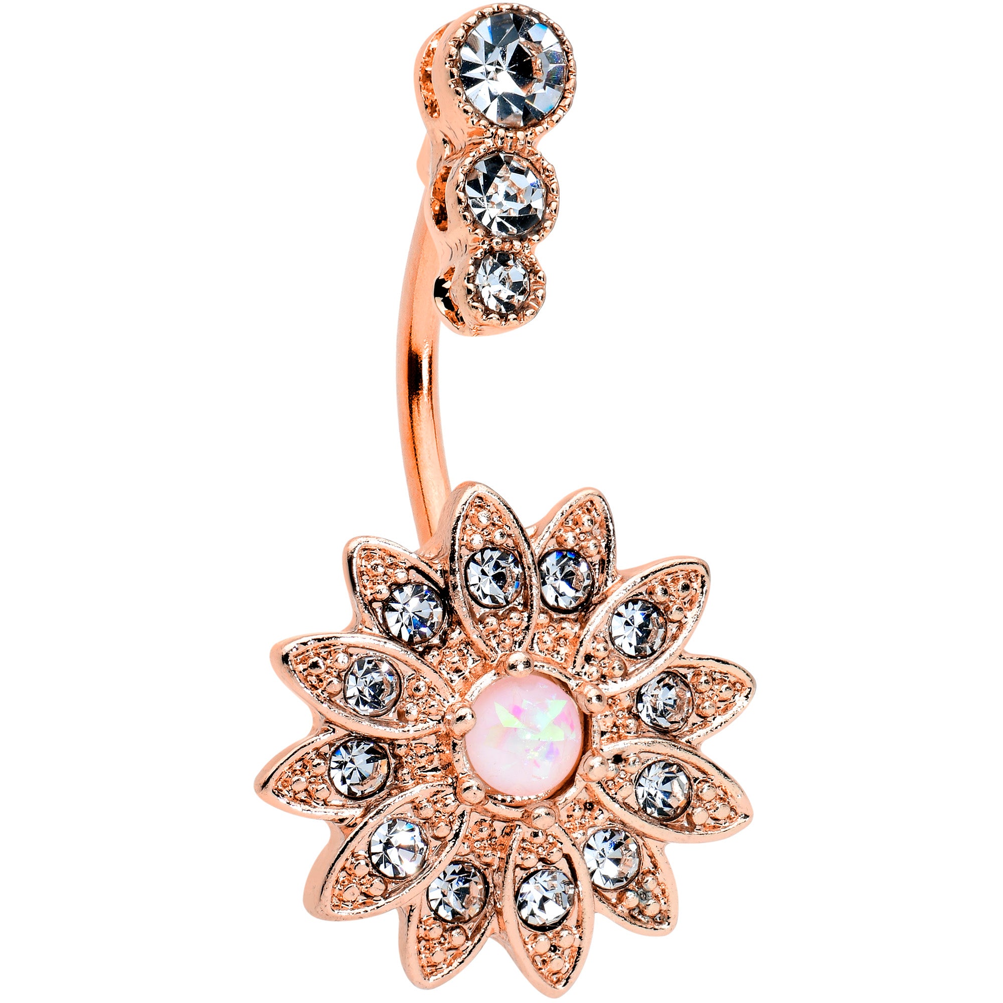 White Faux Opal Clear Gem Rose Gold Tone Triple Drop Floral Belly Ring