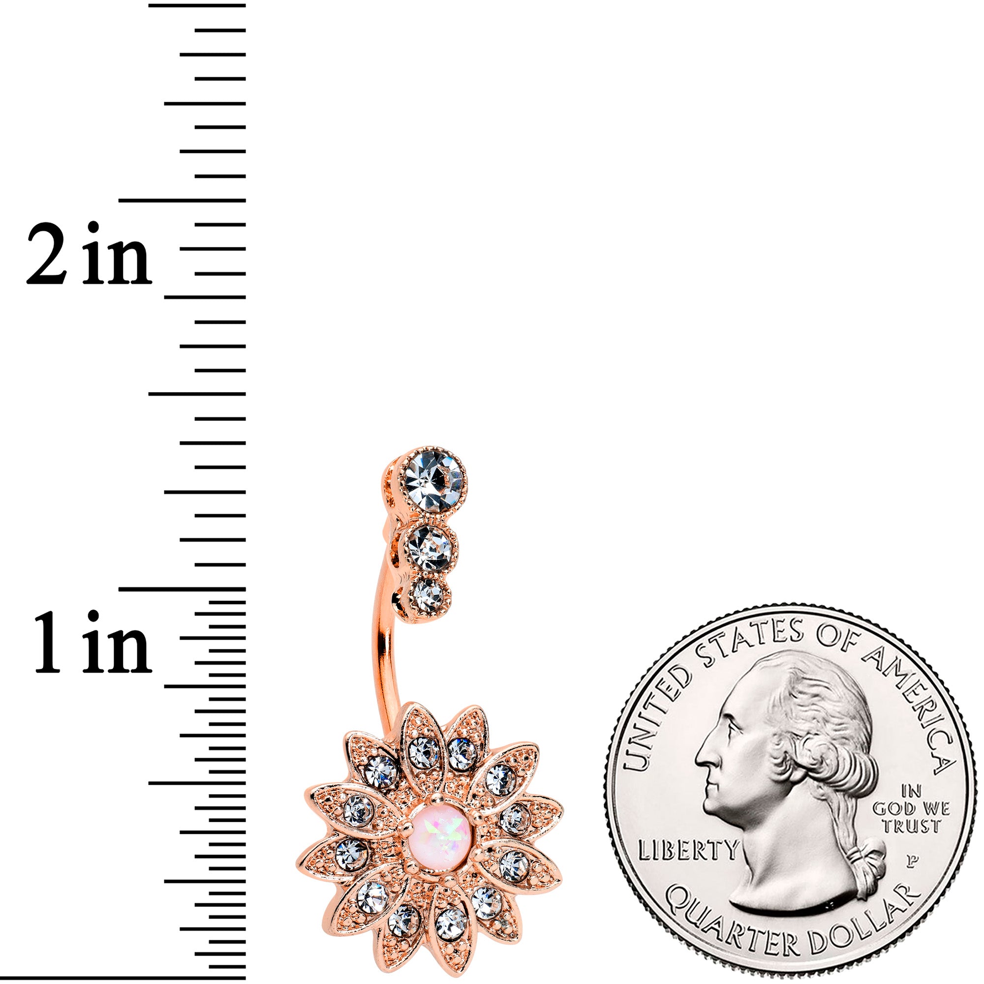 White Faux Opal Clear Gem Rose Gold Tone Triple Drop Floral Belly Ring