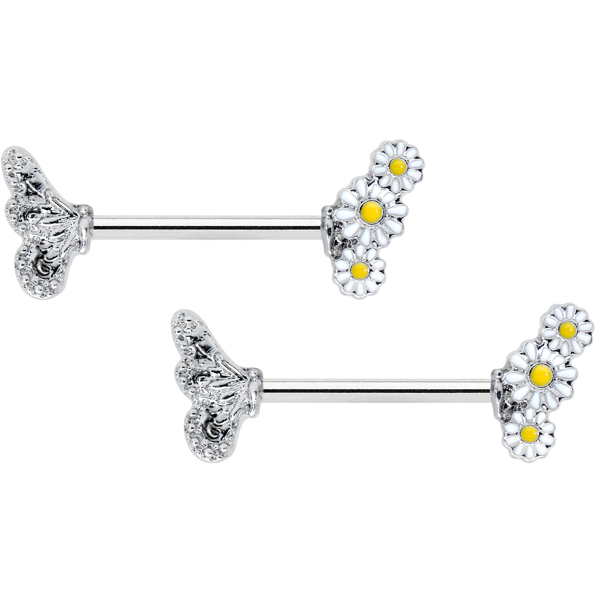 14 Gauge 9/16 Clear Gem Butterfly Daisy Flower Barbell Nipple Ring Set