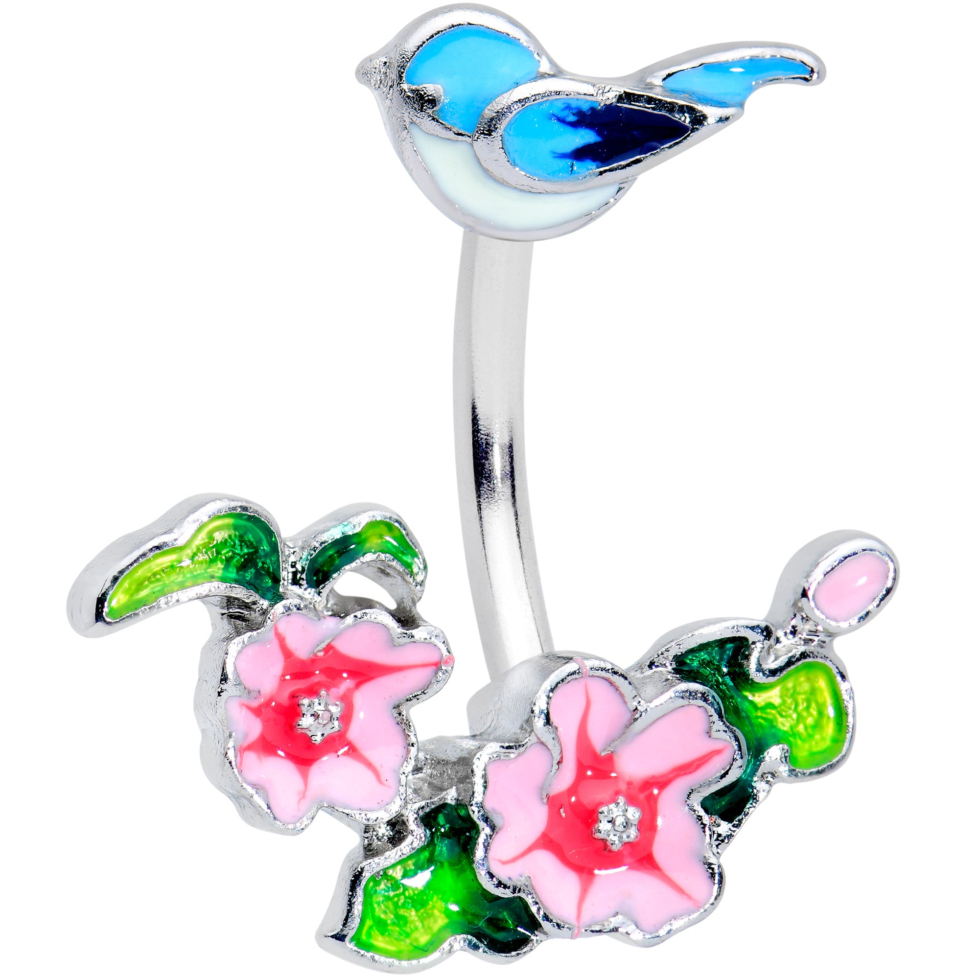 Clear Gem Blue Bird Pink Flowers Double Mount Belly Ring