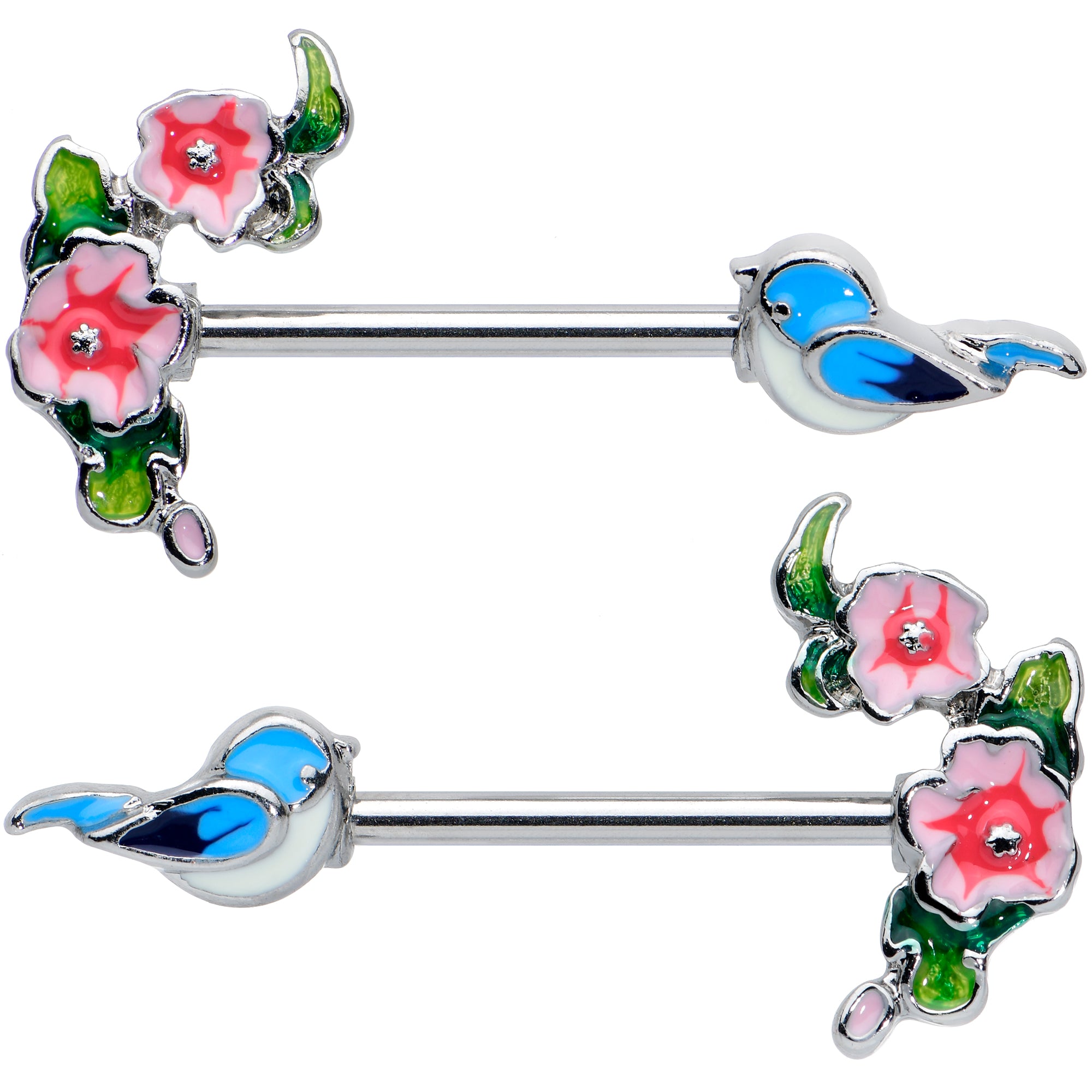 14 Gauge 9/16 Happy Blue Bird Pink Flowers Barbell Nipple Ring Set