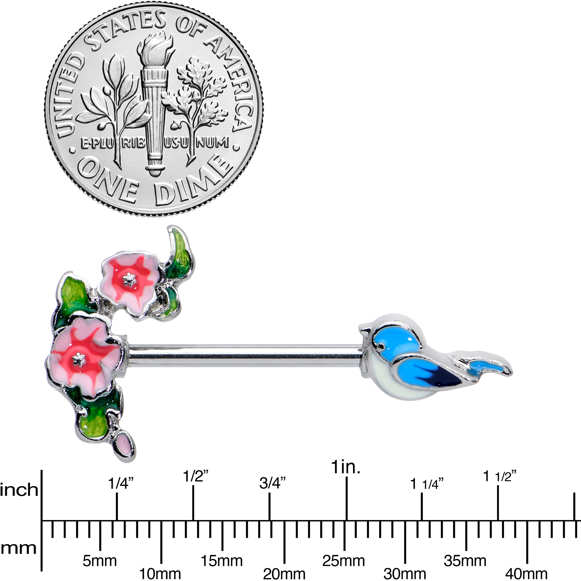 14 Gauge 9/16 Happy Blue Bird Pink Flowers Barbell Nipple Ring Set