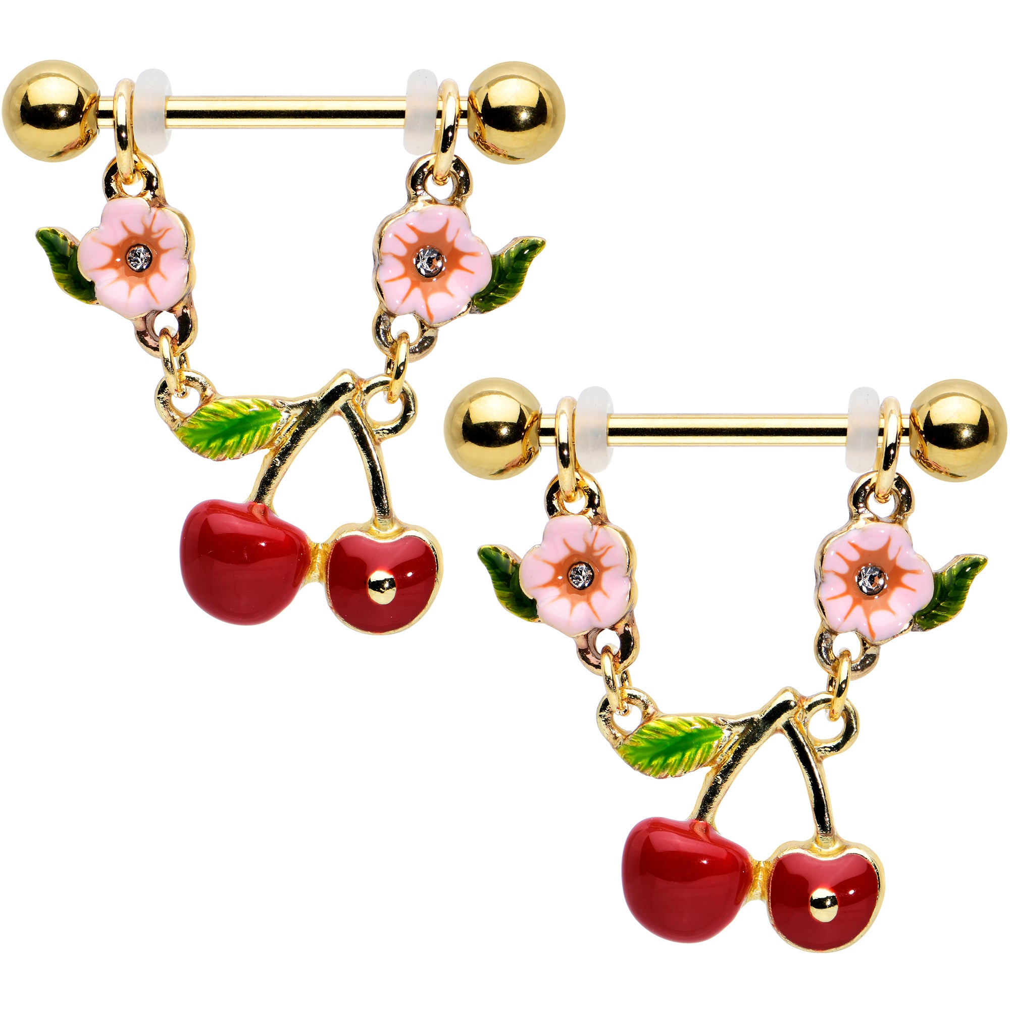 14 Gauge 9/16 Clear Gem Gold Tone Cherry Fruit Dangle Nipple Ring Set