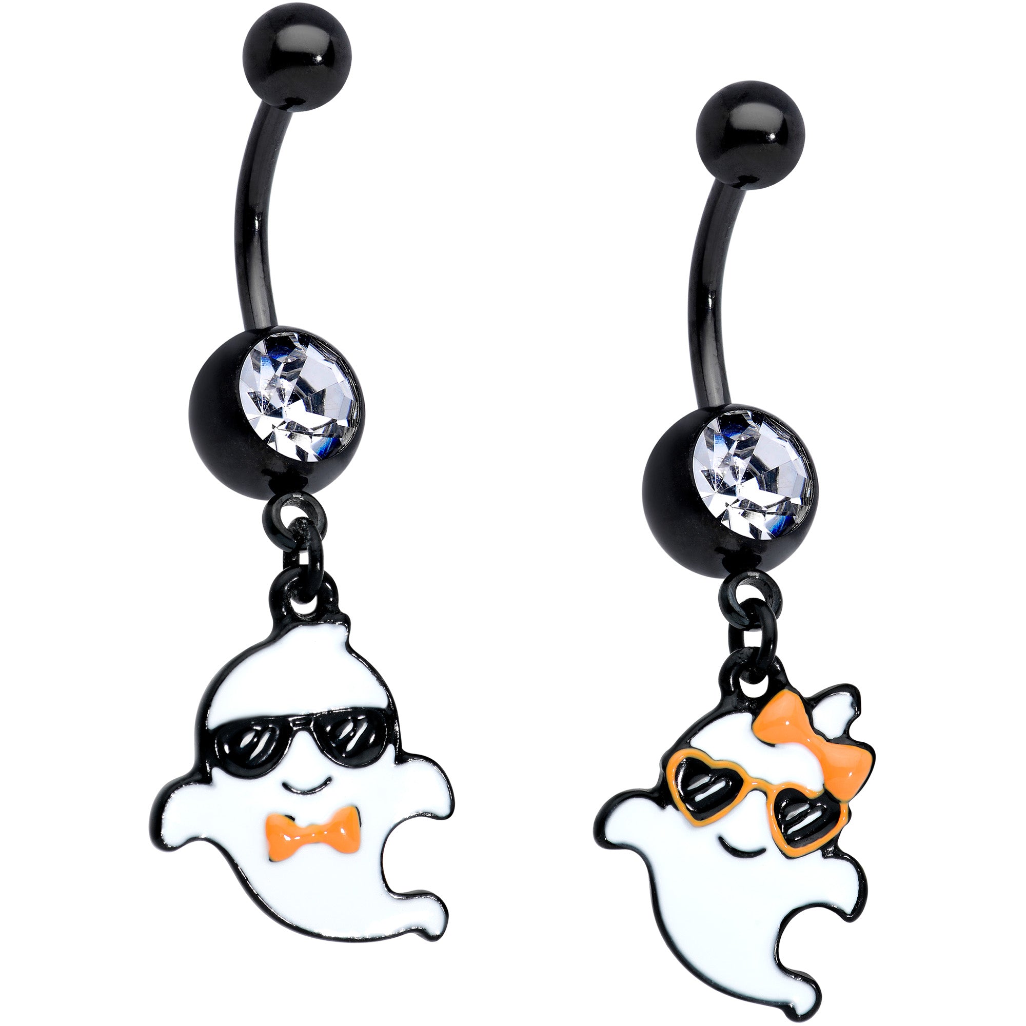 Clear Gem Black Date Night Ghosts Halloween Dangle Belly Ring Set of 2