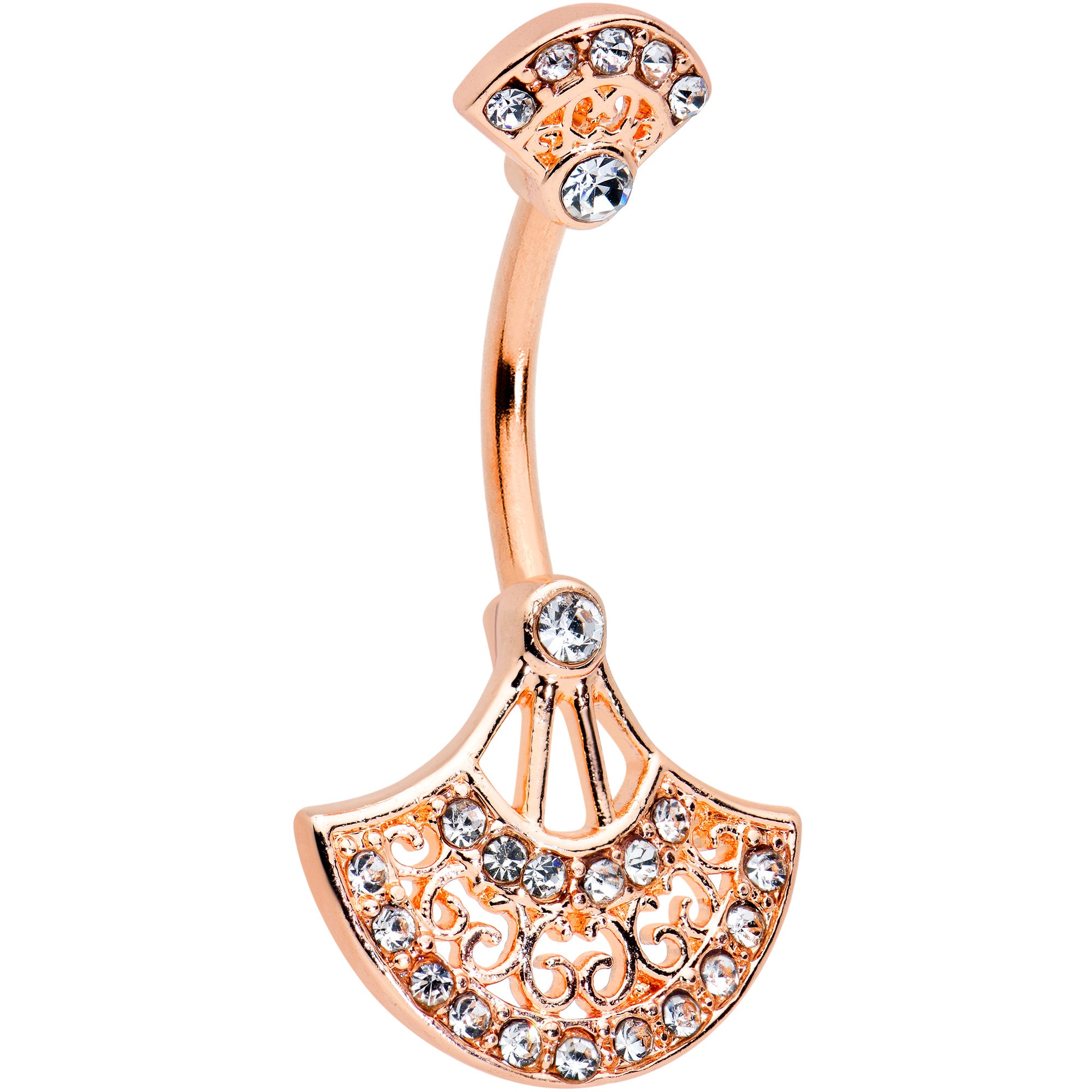 Clear Gem Rose Gold Tone Exotic Fan Double Mount Belly Ring