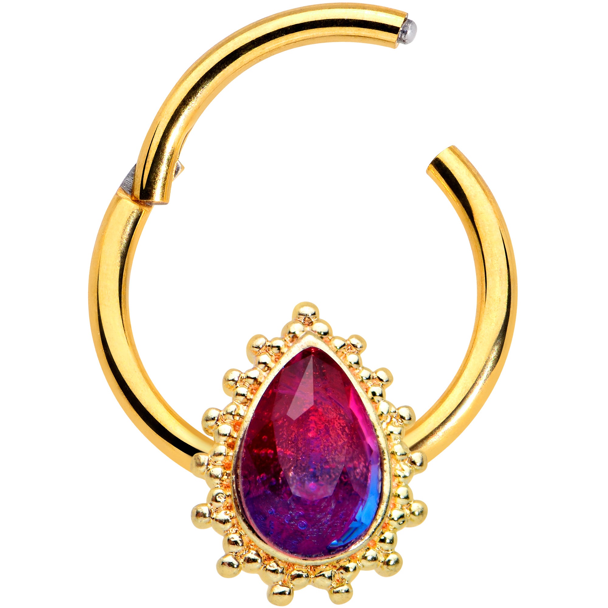 16 Gauge 3/8 Purple Tourmaline Gold Tone Drop Hinged Segment Ring