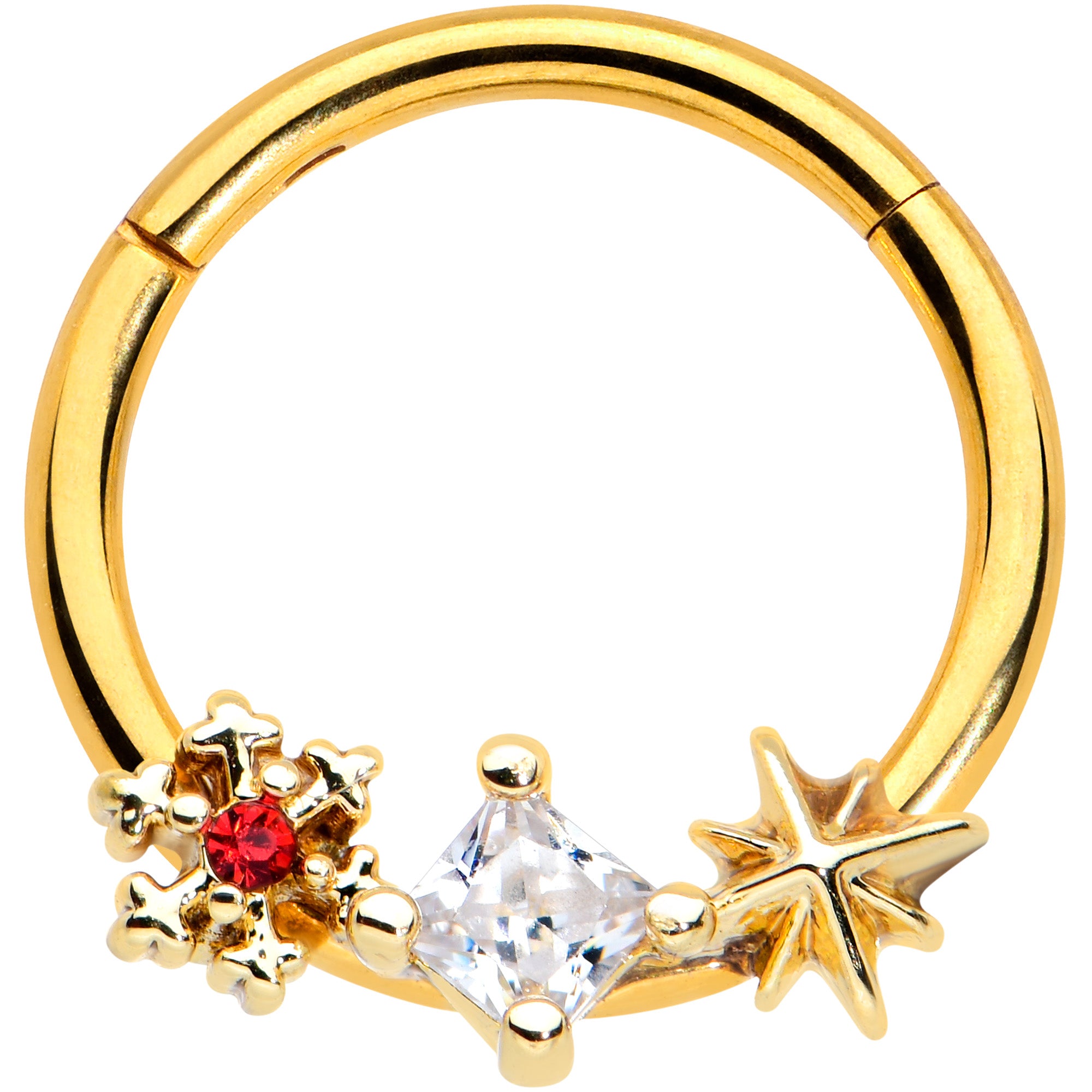 16 Gauge 3/8 Clear Red Gem Gold Hue Star Snowflake Hinged Segment Ring