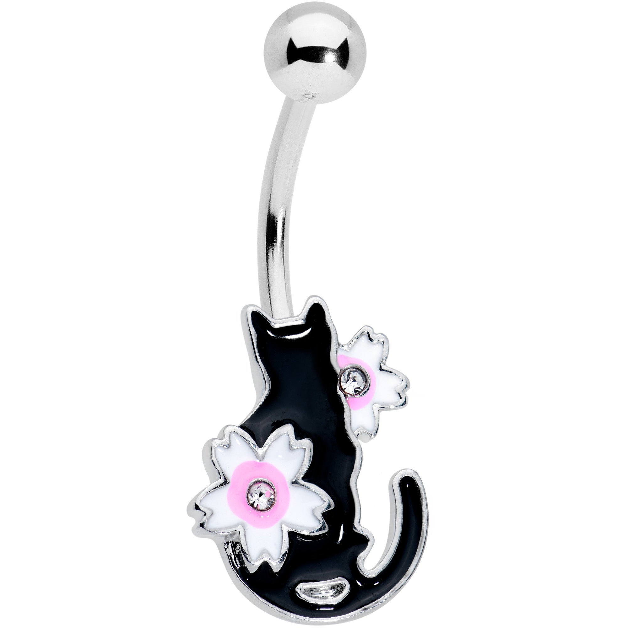 Clear Gem Black Cat Pink Flowers Belly Ring