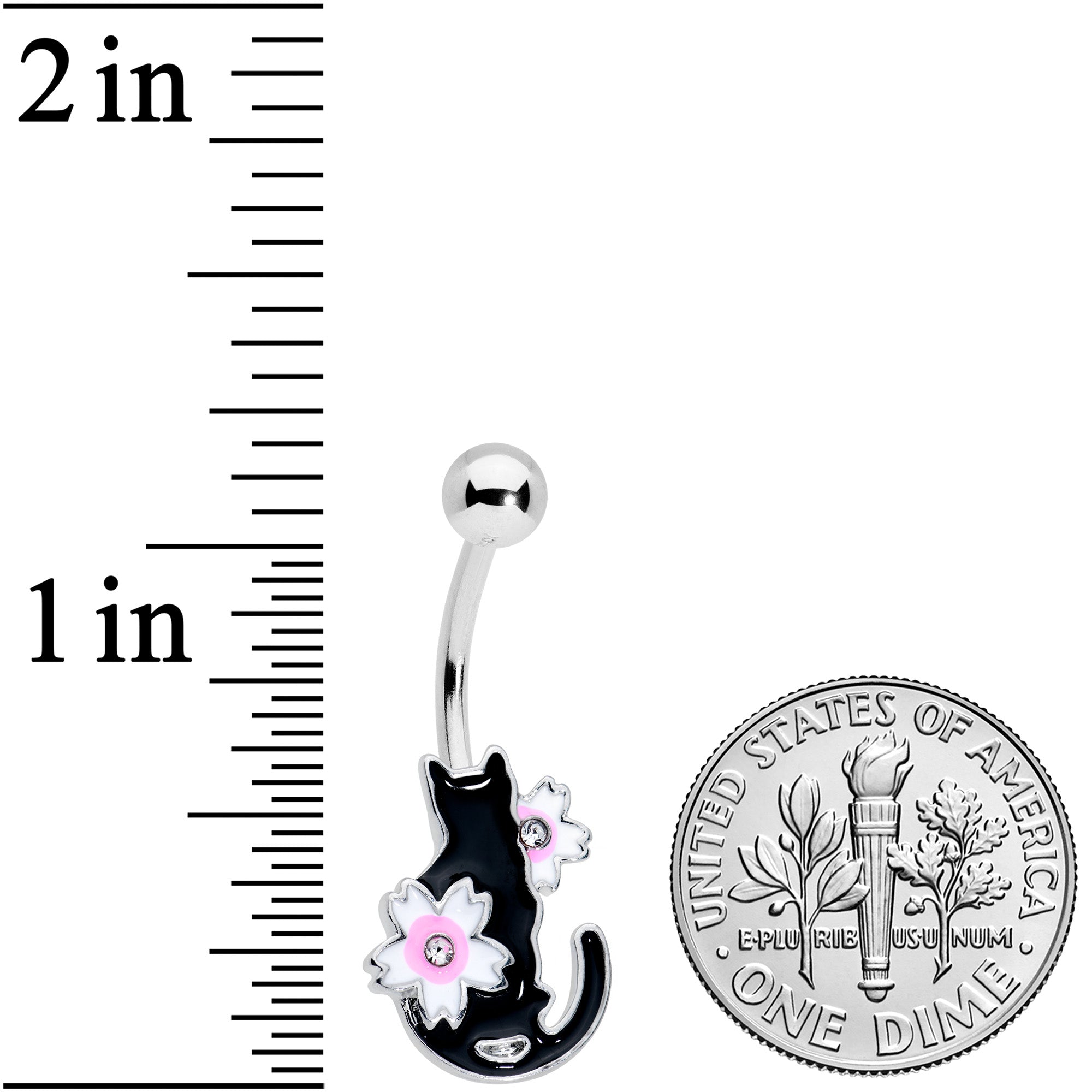 Clear Gem Black Cat Pink Flowers Belly Ring