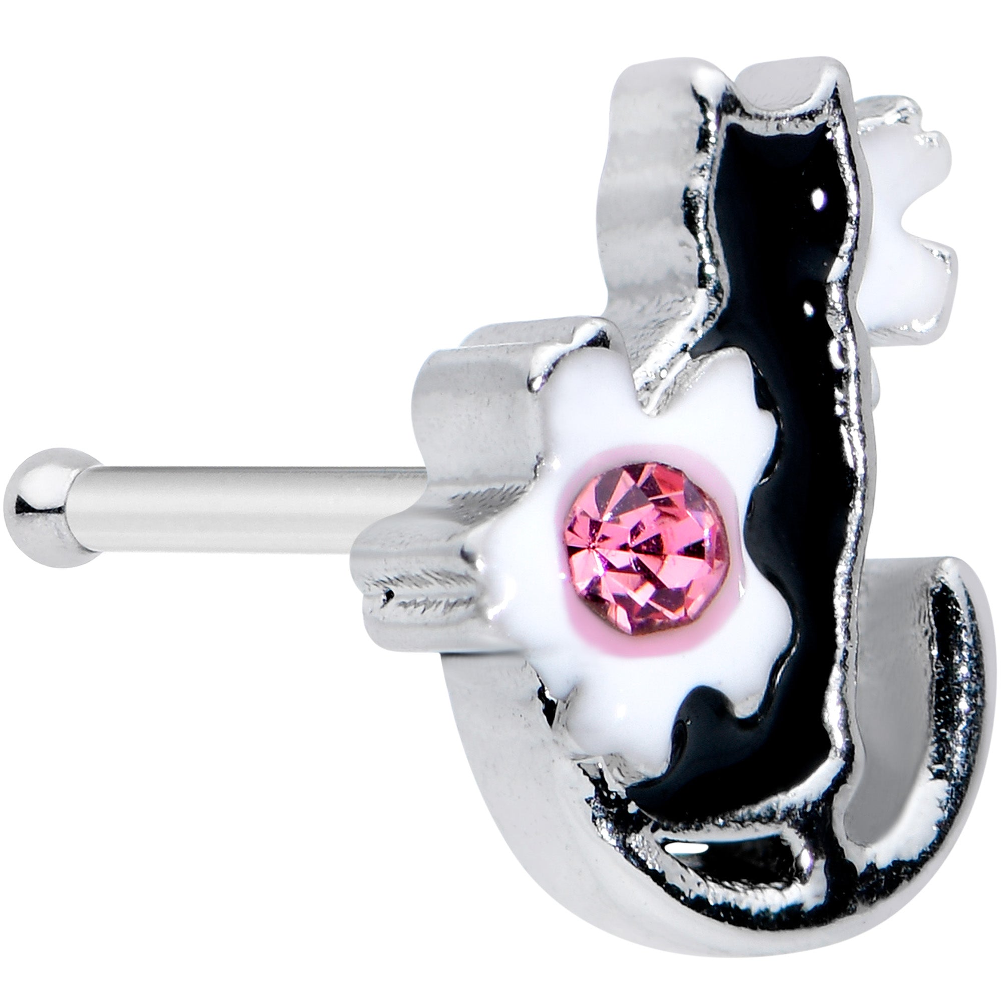 20 Gauge 1/4 Pink Gem Black Cat White Flowers Nose Bone