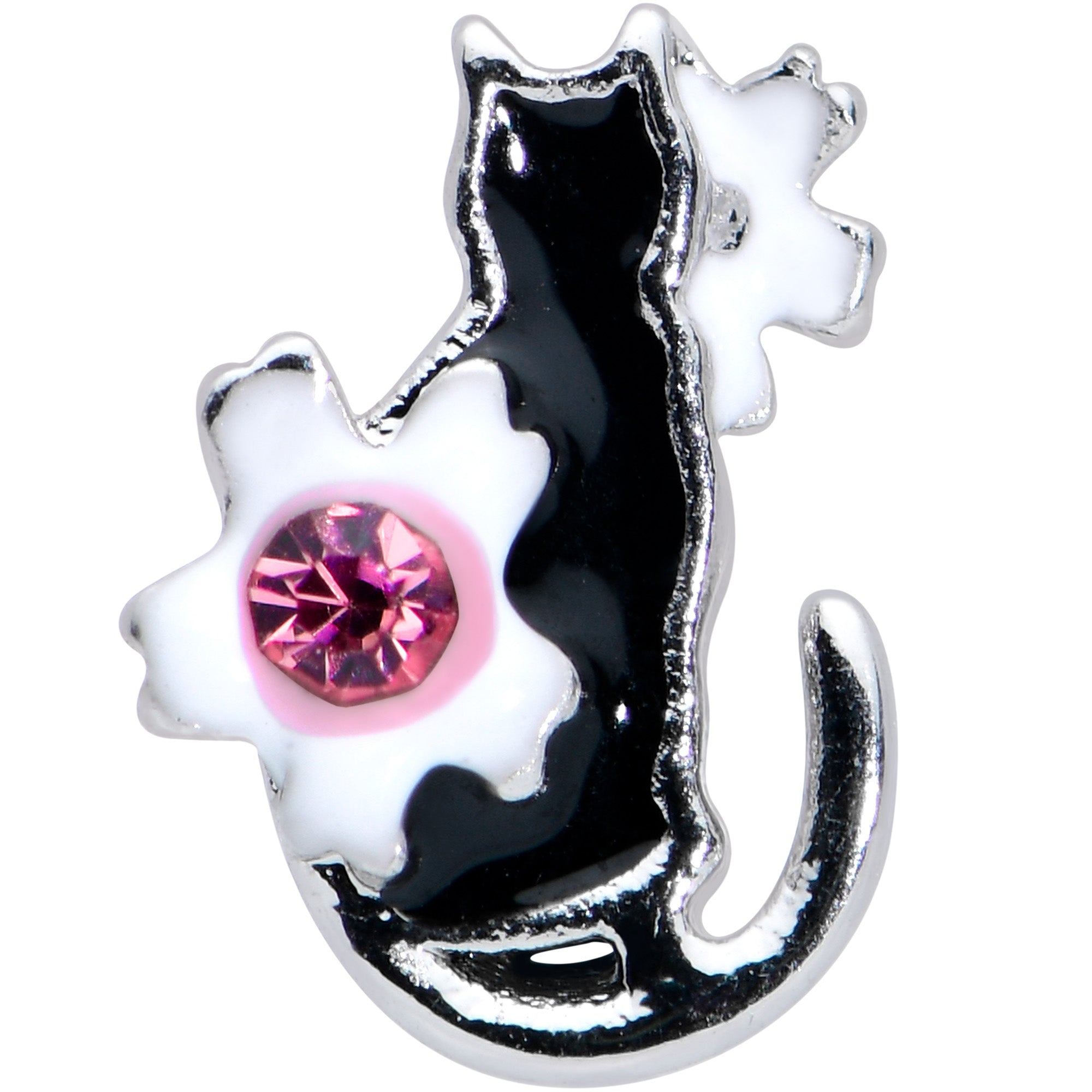 20 Gauge 1/4 Pink Gem Black Cat White Flowers Nose Bone