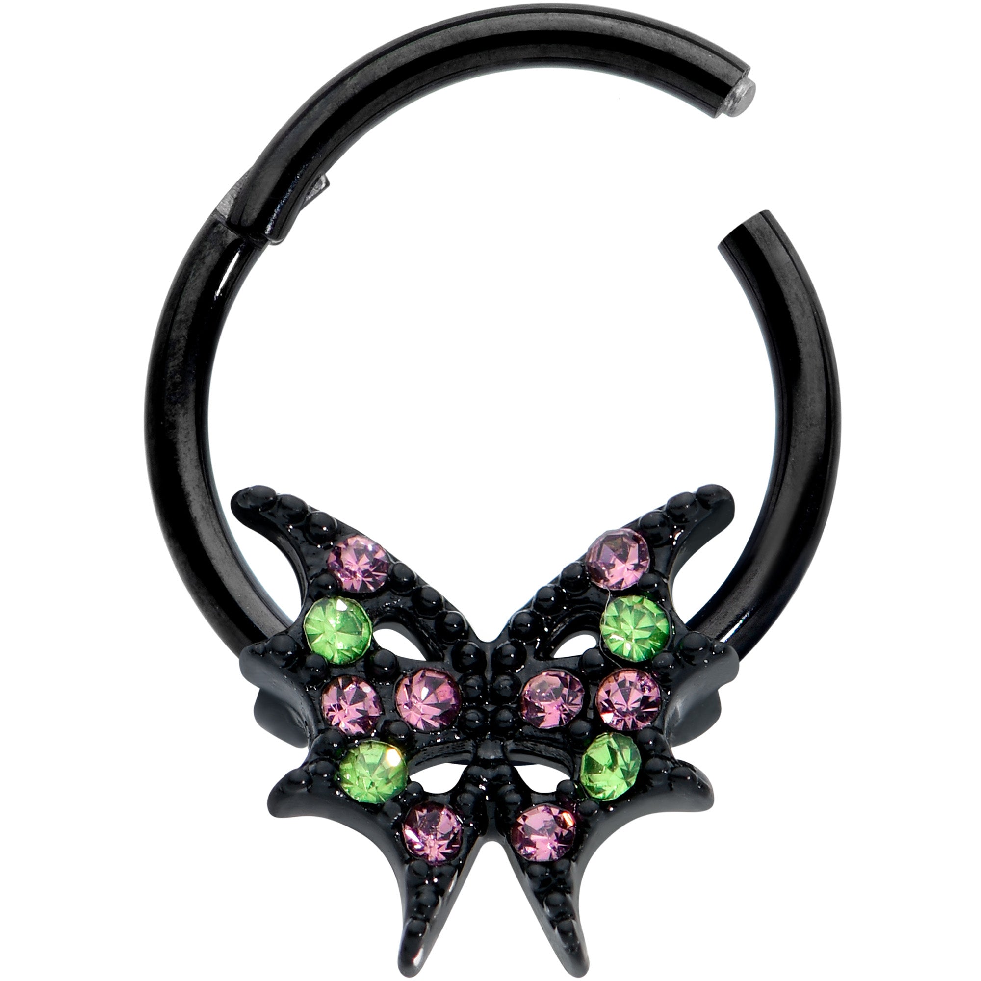 16 Gauge 3/8 Pink Green Gem Bat Wings Halloween Hinged Segment Ring