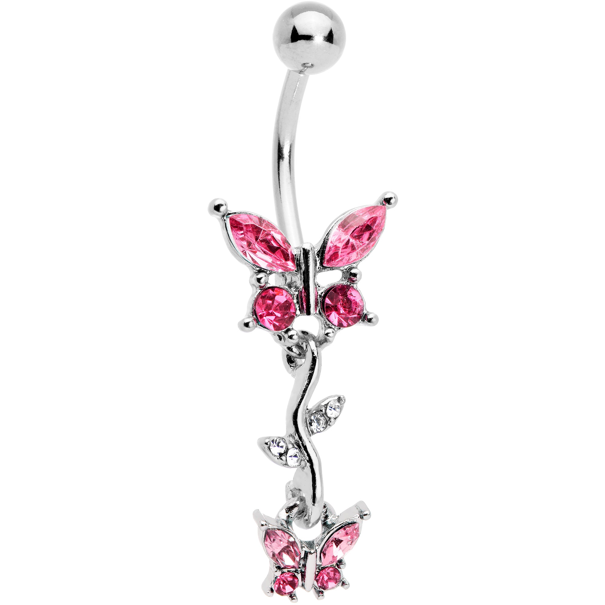 Clear Pink Gem Vine Butterfly Dangle Belly Ring