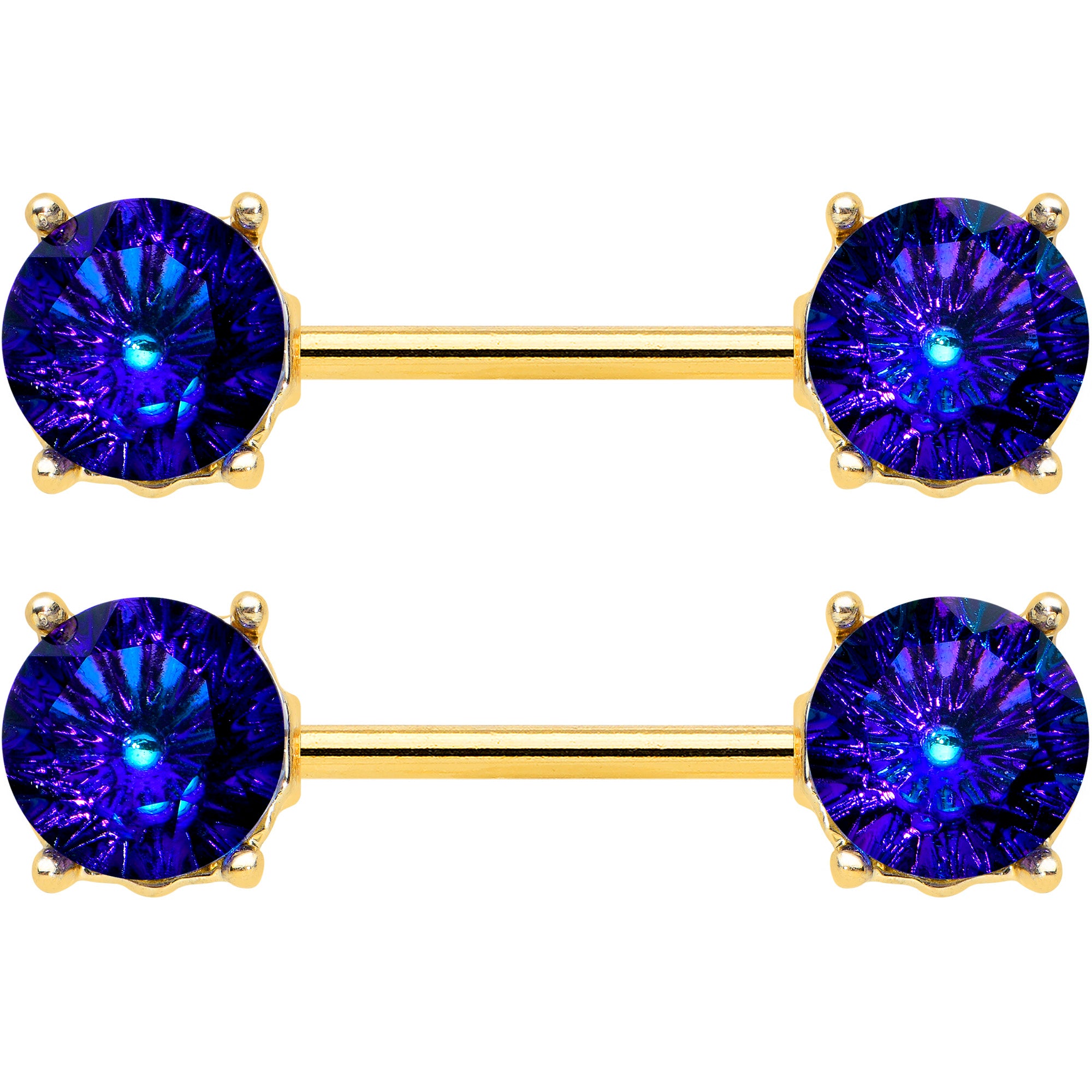 14 Gauge 9/16 Blue Gem Gold Tone Simply Elegant Nipple Ring Set