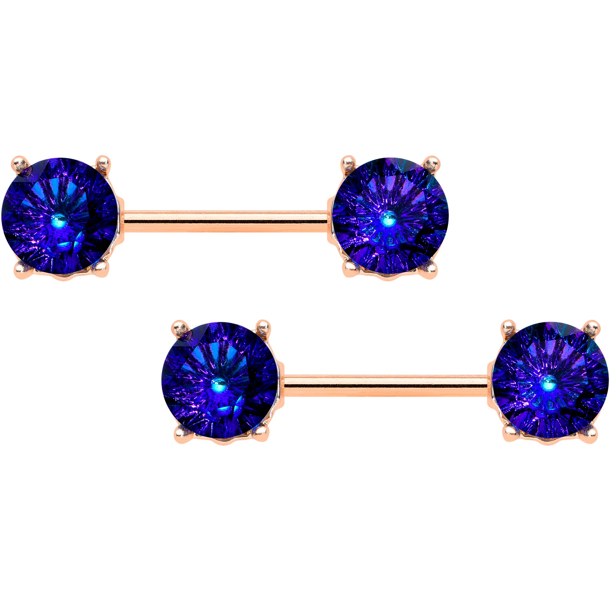 14 Gauge 9/16 Blue Gem Rose Gold Tone Simply Elegant Nipple Ring Set