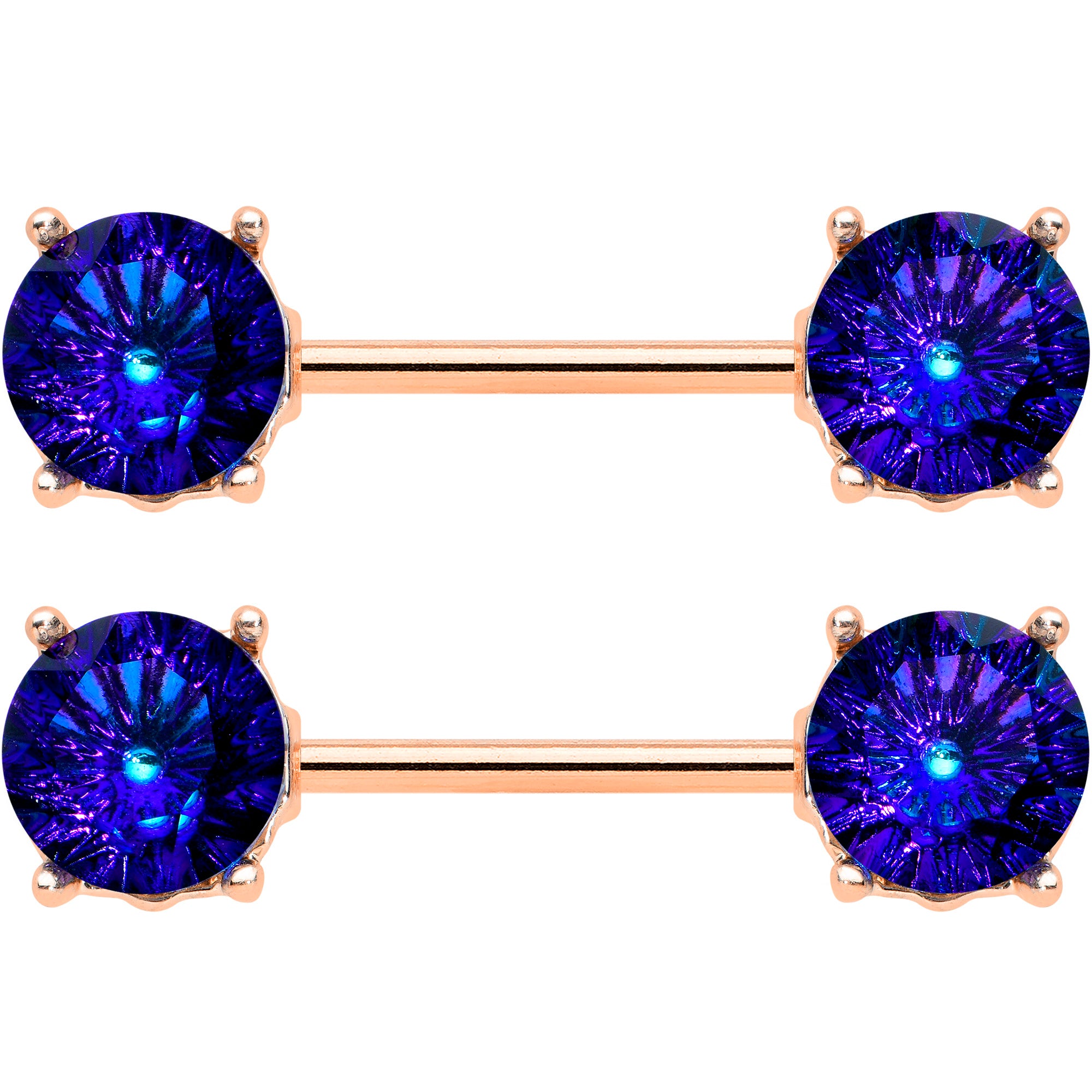 14 Gauge 9/16 Blue Gem Rose Gold Tone Simply Elegant Nipple Ring Set