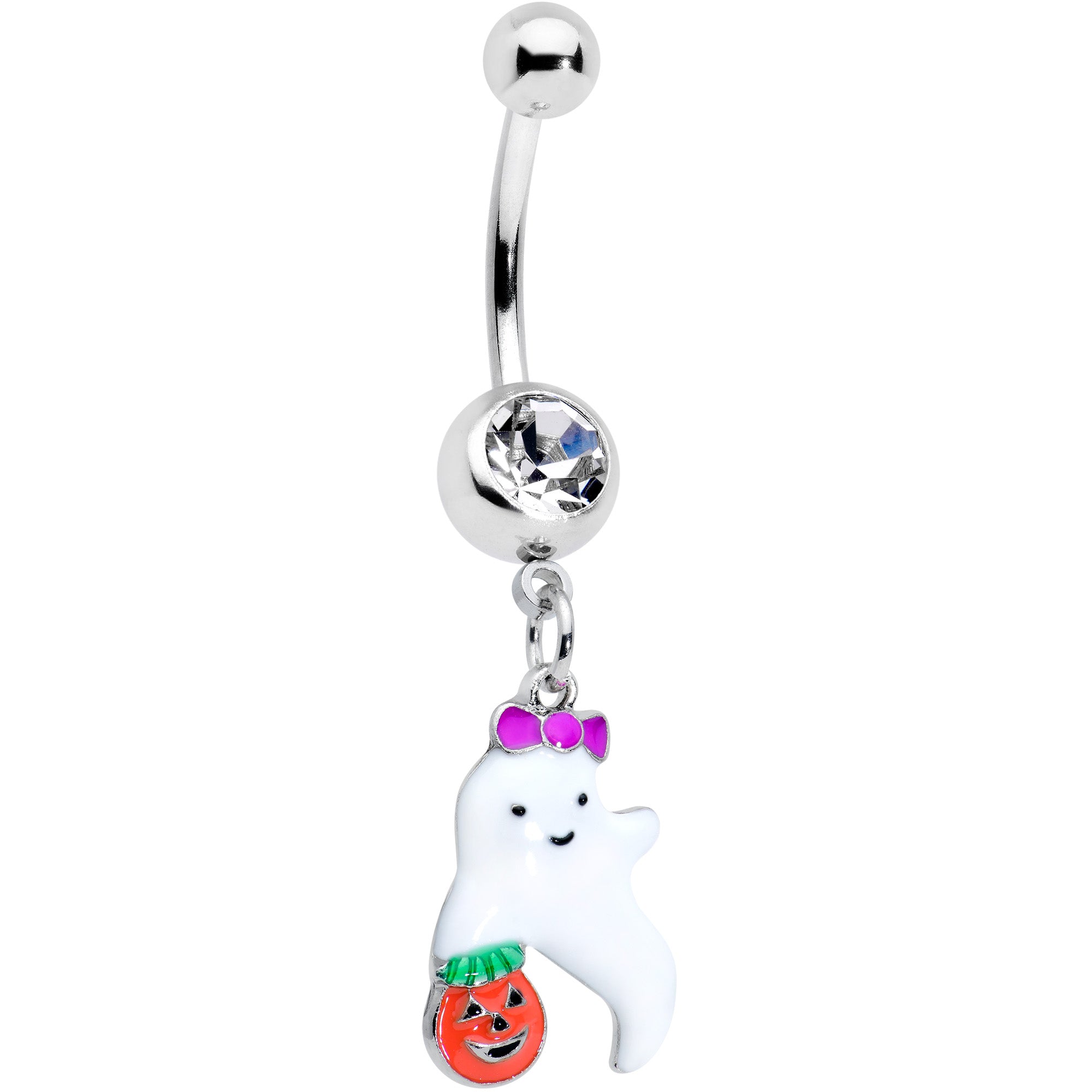 Clear Gem Trick or Treat Purple Bow Ghost Halloween Dangle Belly Ring