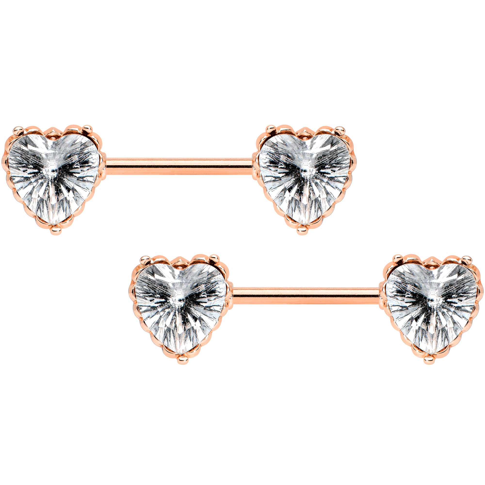 14 Gauge 9/16 Grey CZ Gem Rose Gold Tone Heart Nipple Ring Set