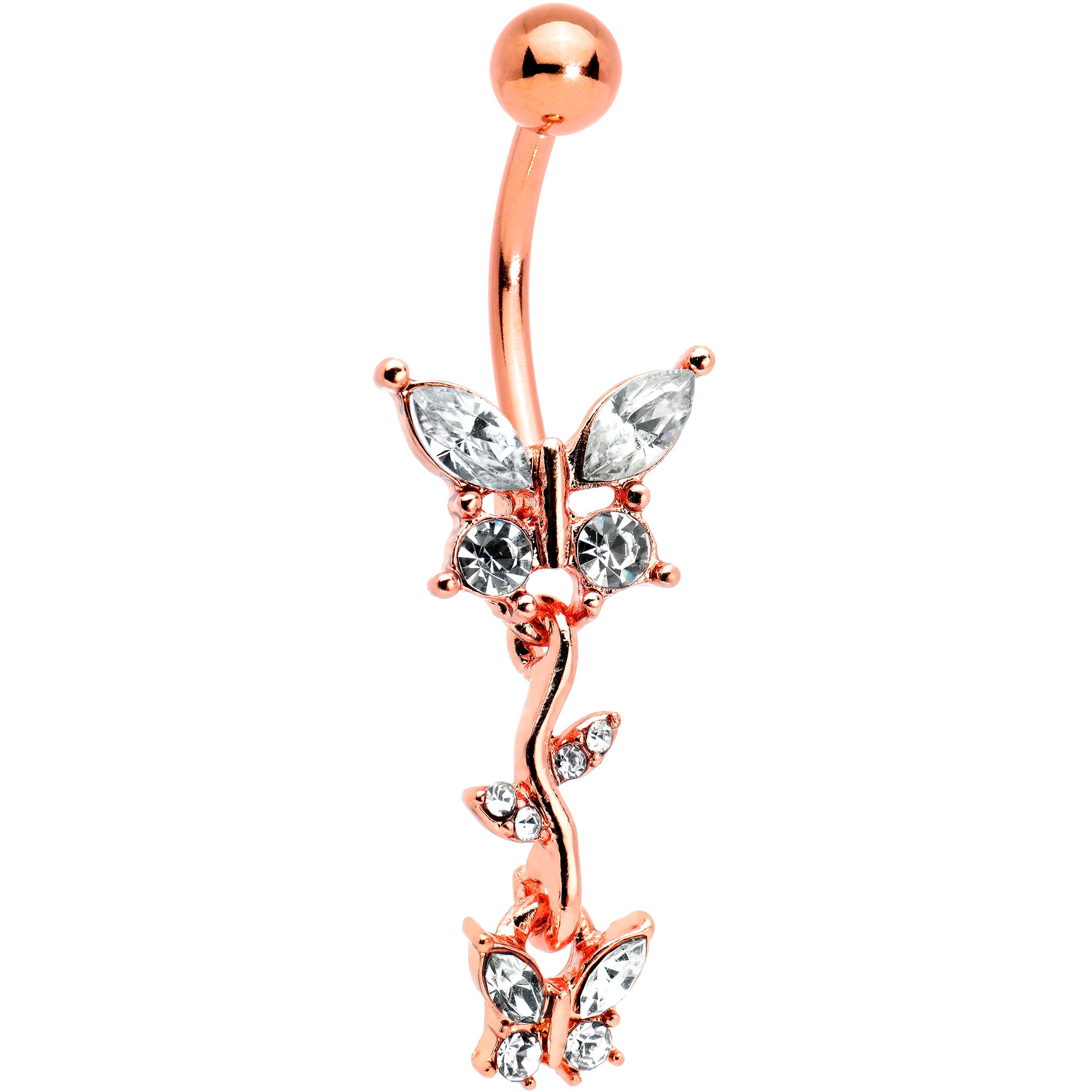 Clear Gem Rose Gold Tone Vine Butterfly Dangle Belly Ring